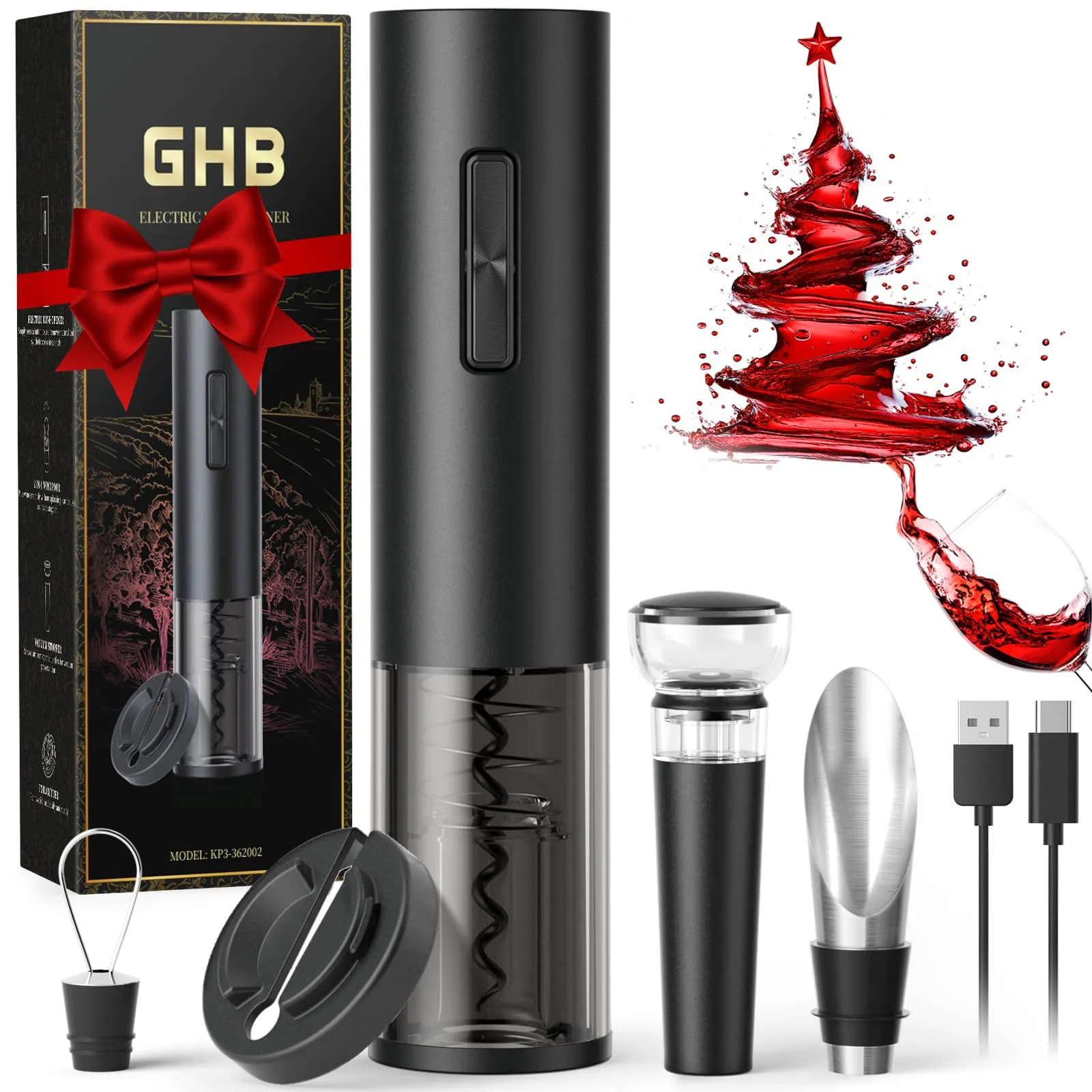 GHB Cavatappi Elettrico per Vino USB Ricaricabile, Apribottiglie Elettrico Professionale per Vino con Tagliacarte,Versatore, Tappo di Tenuta, Tappo per Vuoto Regalo per Amanti del vino