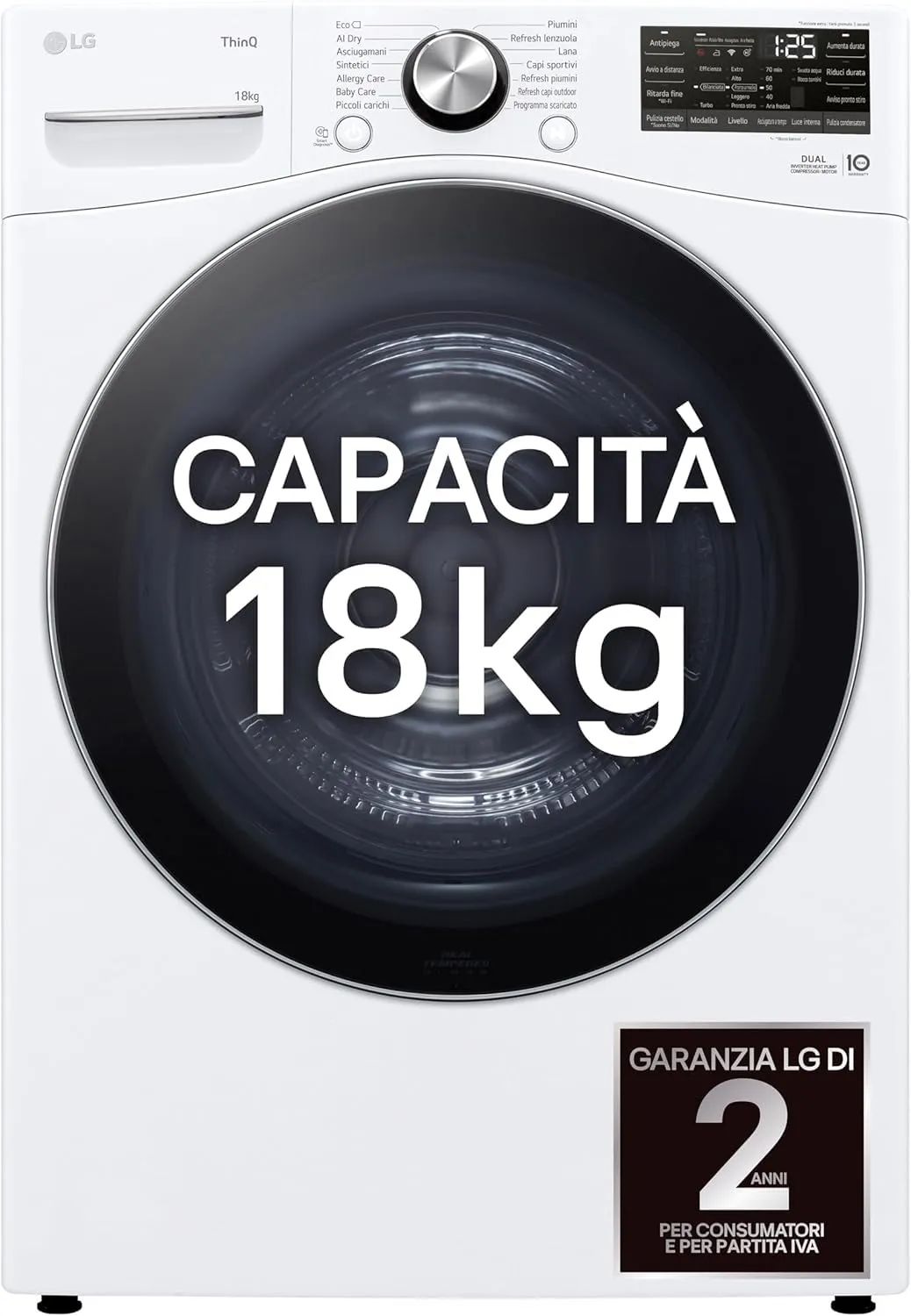 LG RH18U8AVCW Asciugatrice Smart 18kg, Serie U8, Classe A+++, Pompa di Calore DUAL Inverter, Motore Direct Drive, Intelligenza Artificiale AI Dry, Condensatore Autopulente, Wi-Fi, Bianca