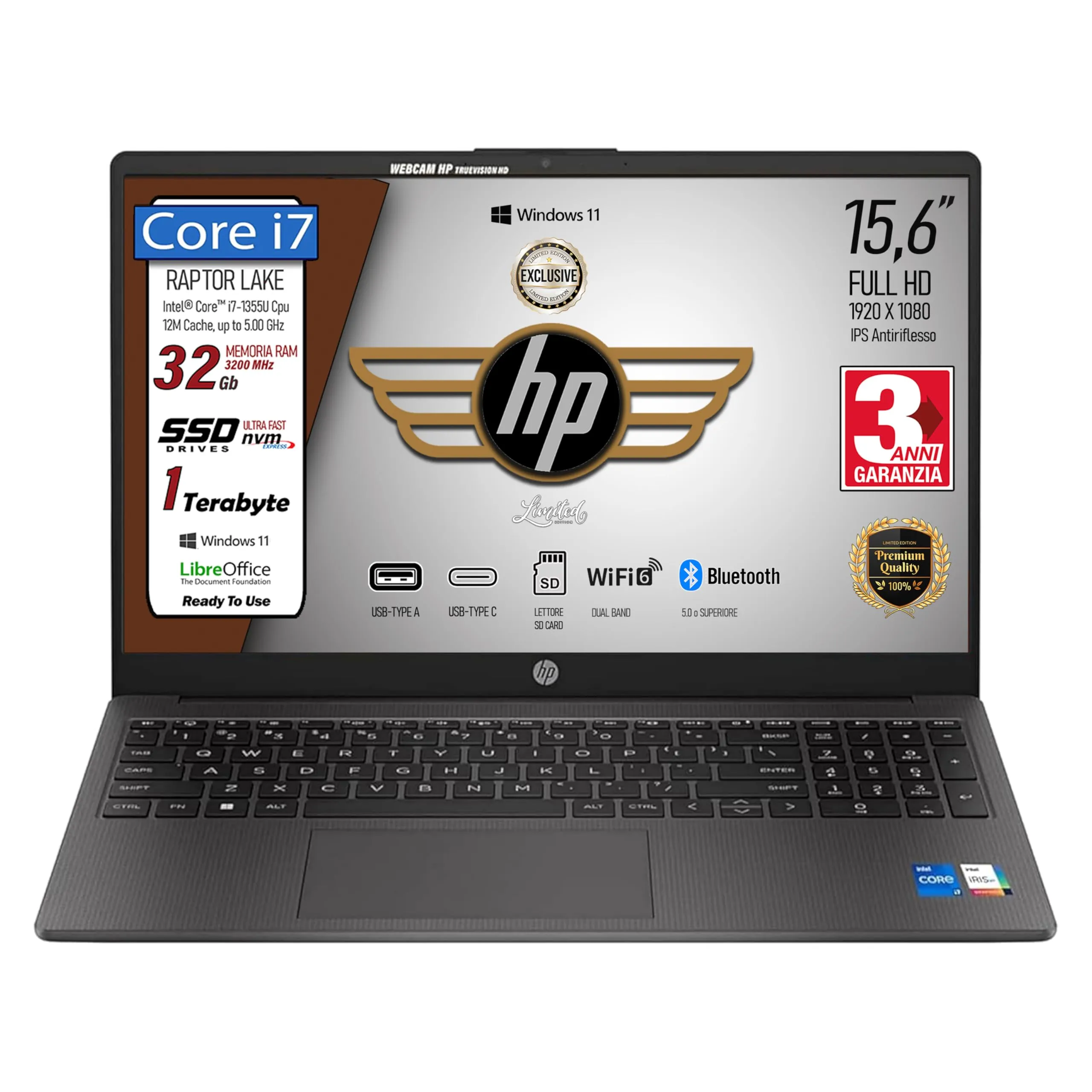 HP 250 G10, PC Portatile CPU Intel Core i7-1355U 13th 10 Core, fino a 5GHz, RAM 32GB, SSD 1Tb, Display 15.6" FHD, Wi-Fi 6, BT, WebCam, HDMI, Win 11Pro, cybersaver, Pronto all'Uso, 3 anni di garanzia