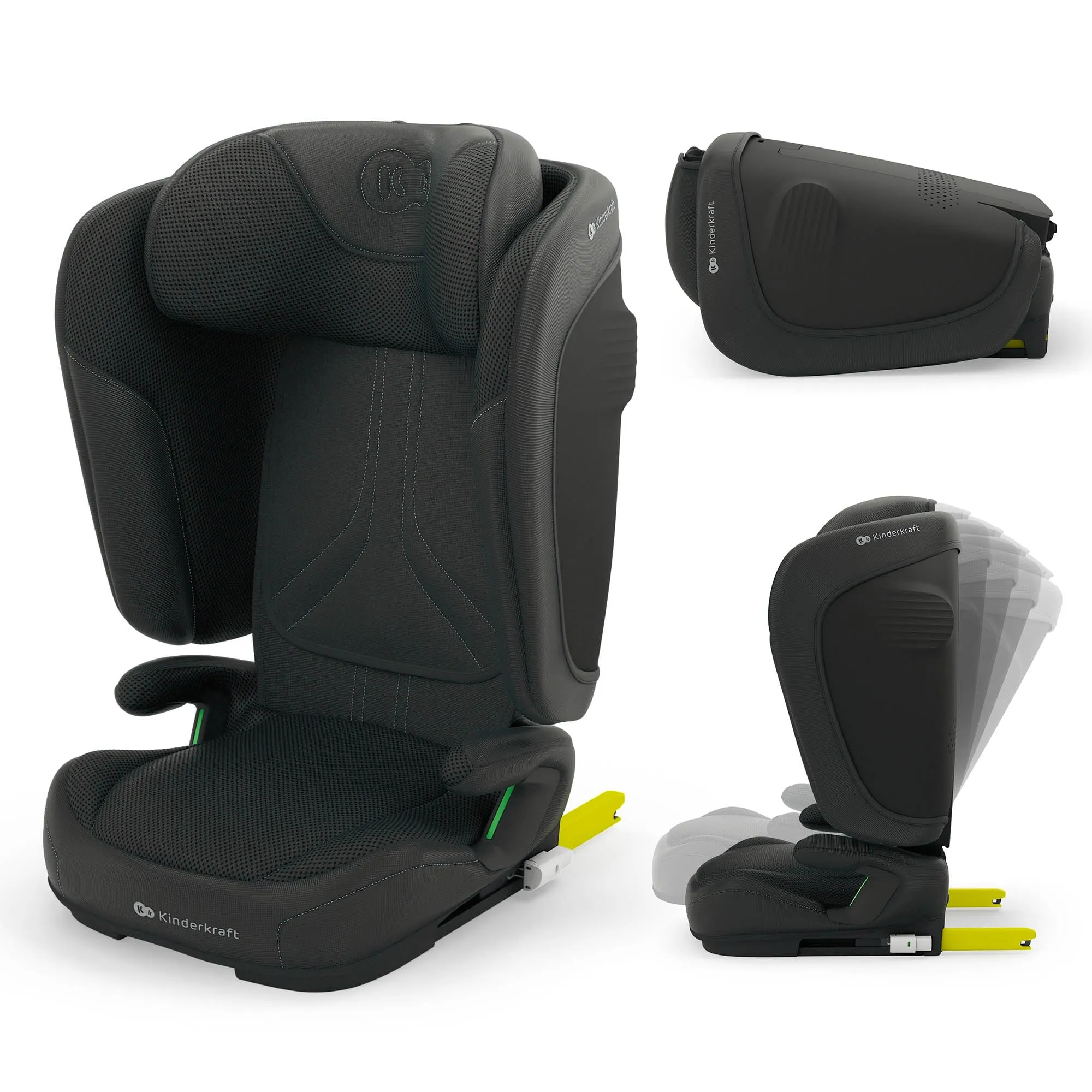 Kinderkraft UNITY 2 i-Size, Seggiolino auto pieghevole 100–150 cm, 3,5 a 12 anni, Poggiatesta regolabile, Con sistema AIR FLOW, Regolazione dello schienale in 5 posizioni, Nero