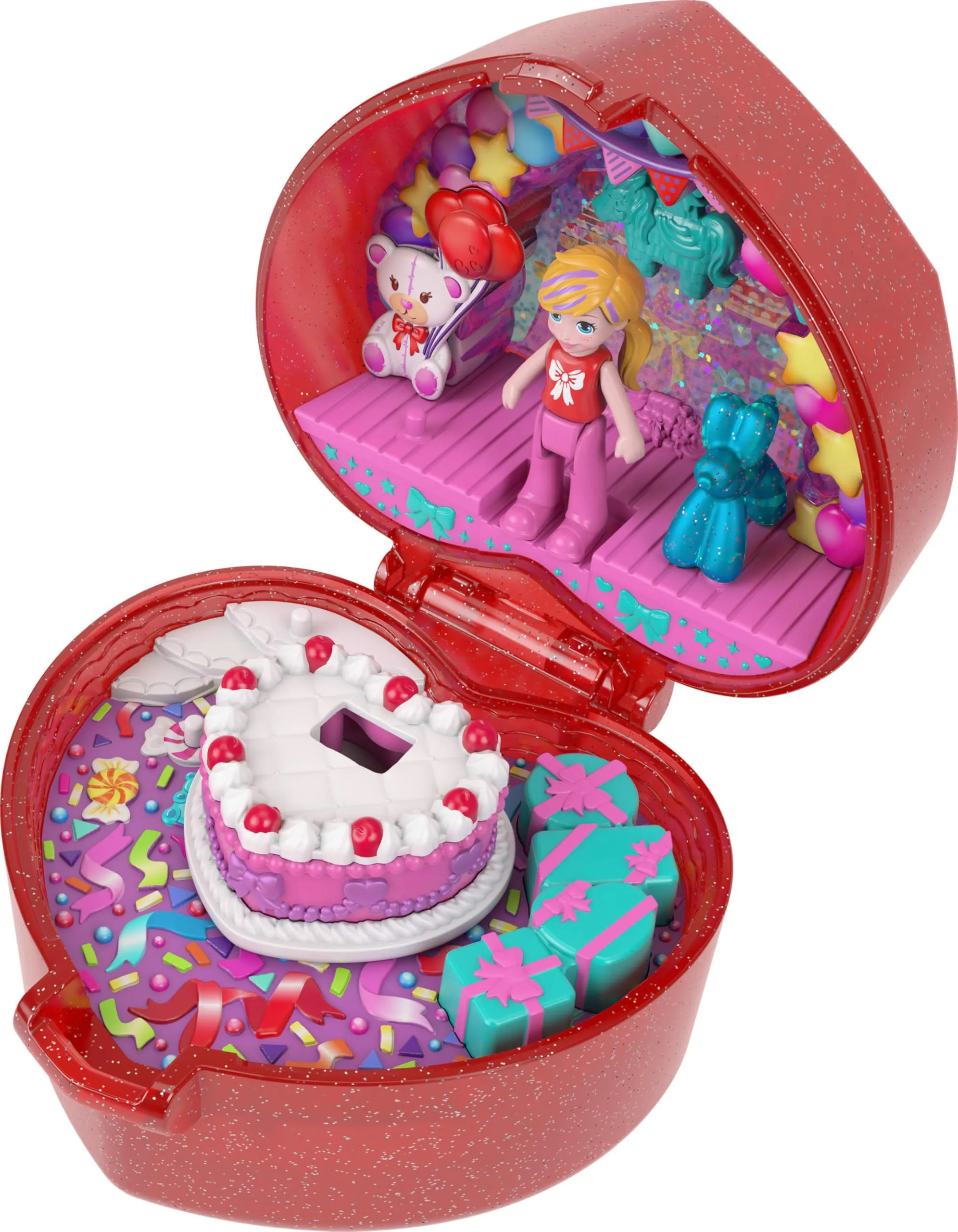 Polly Pocket - Cofanetto 80° Anniversario Mattel, portagioie con mini bambola, palloncino a forma di cucciolo e anello indossabile, scatola a tema festivo, giocattolo per bambini, 4+ anni, JGK21