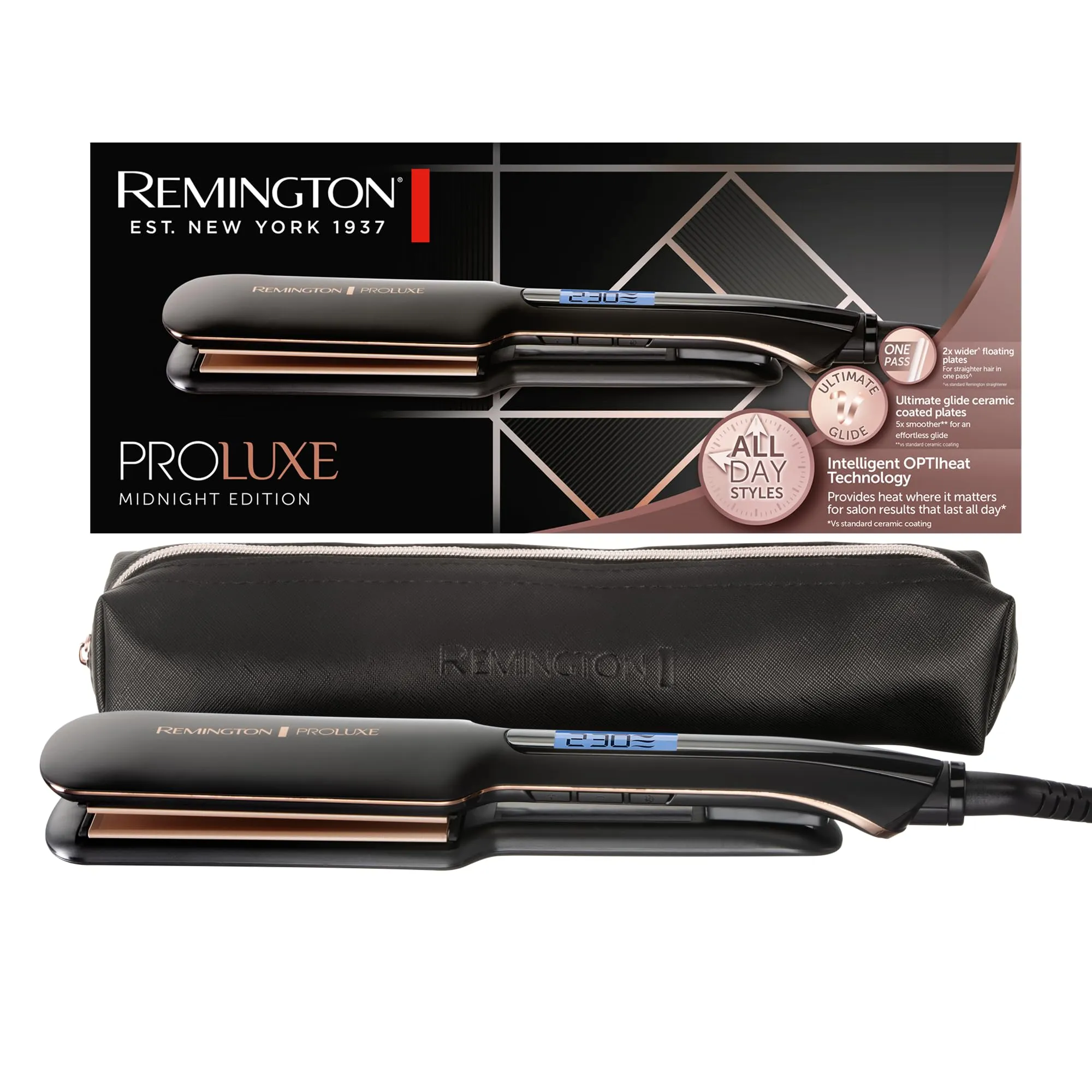 Remington Piastra Capelli Proluxe Midnight Wide Plate, Piastre in ceramica Ultimate Glide, 9 impostazioni di Temp. 150-230°C,Tecnologia intelligente OPTIheat, S9150B