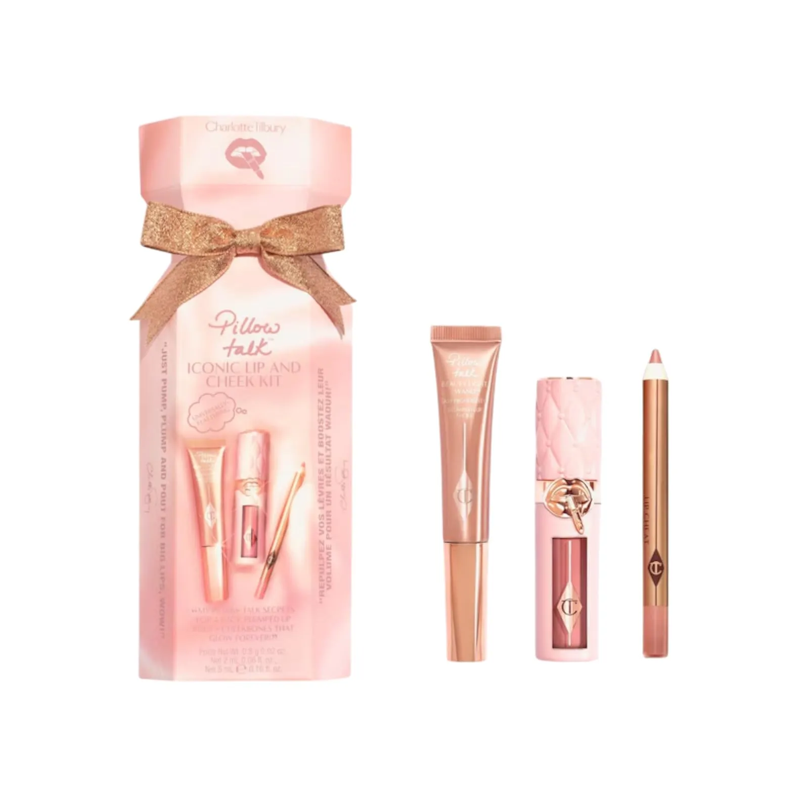 Charlotte Tilbury Pillow Talk Iconic Lip & Cheek Kit Mini Set con Lip Cheat Liner, Light Wand Rossetto, Rosa Nude, 3 pezzi