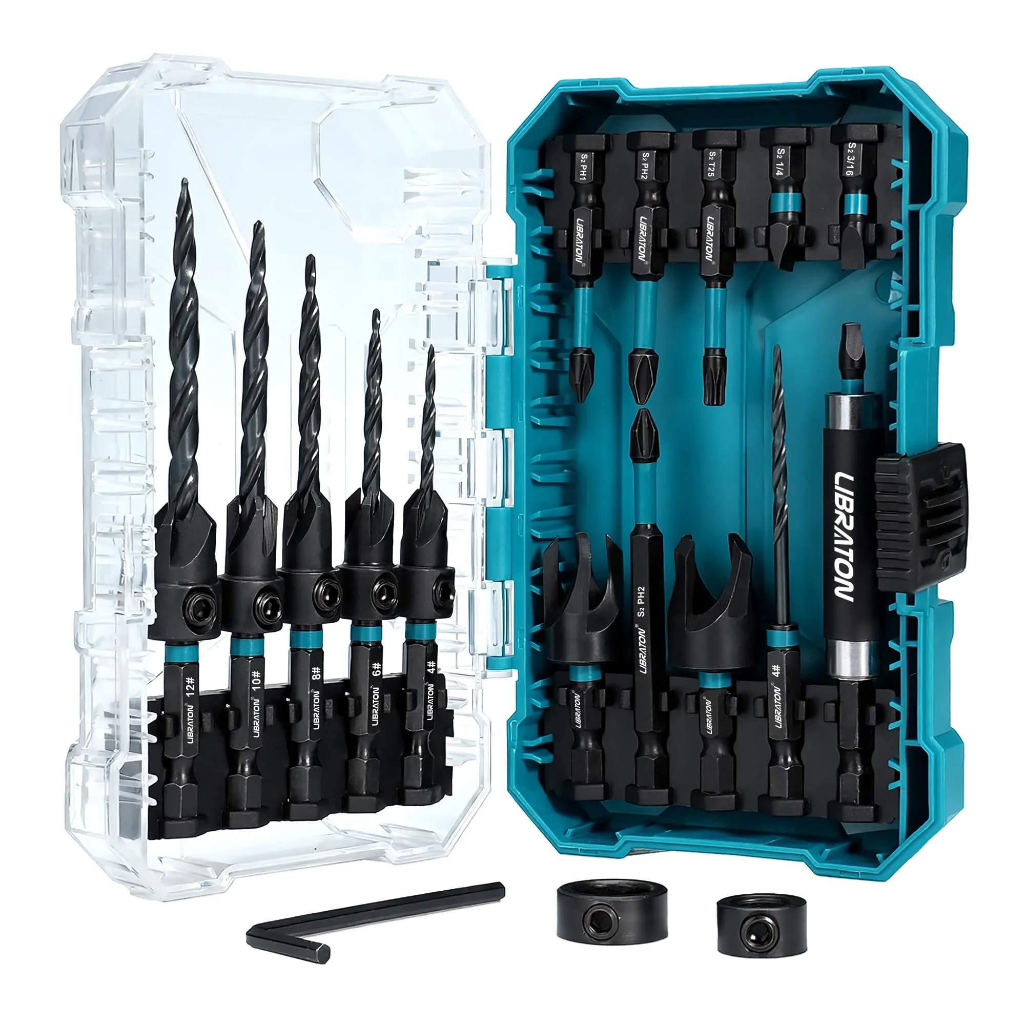 Libraton Set di Punte a Svasatore, 19 Pezzi Punte da Tapano Coniche per Legno, Punte Conica e Taglia Tasselli in Legno, Portapunte Estendibile 1/4" e Cacciaviti Bit in Custodia