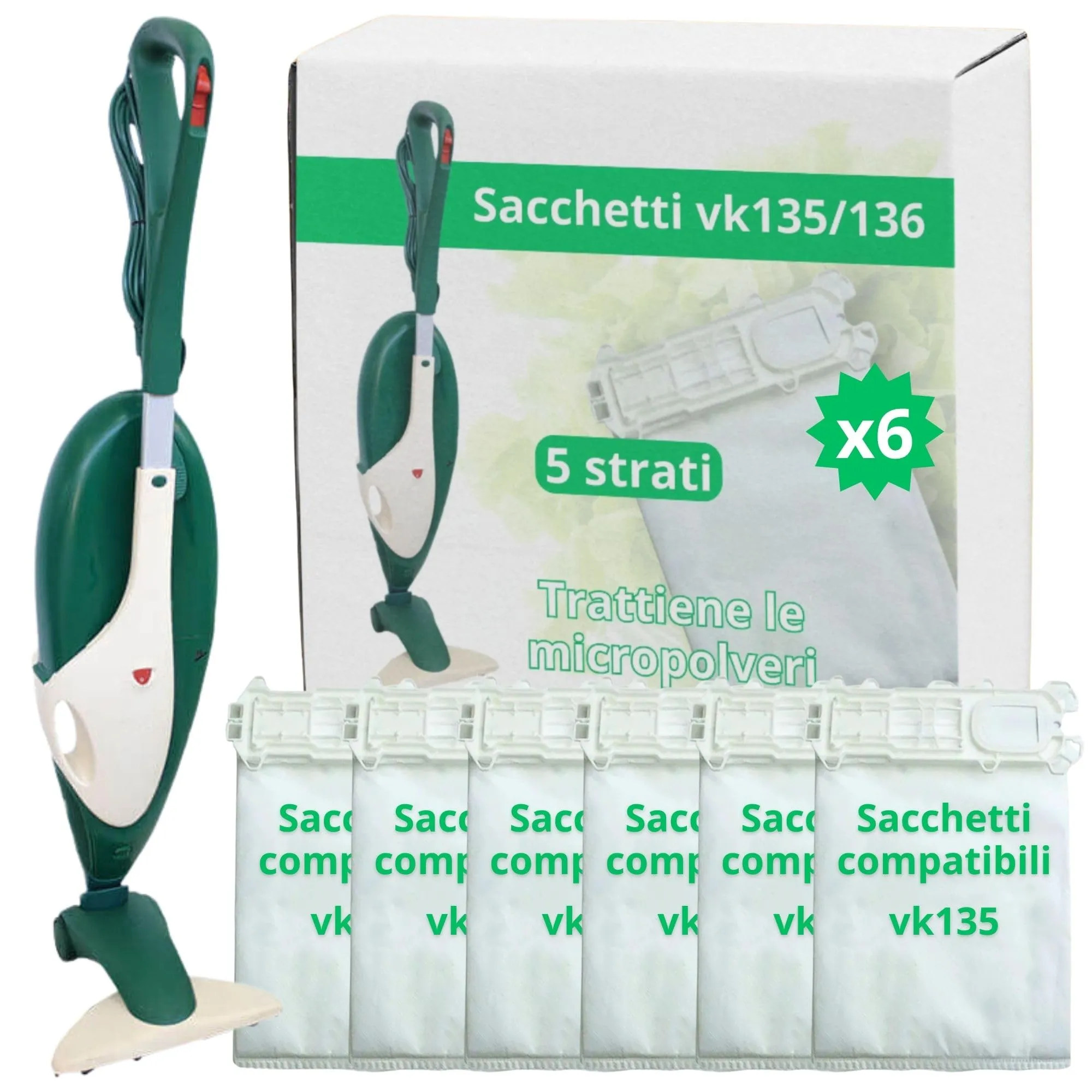 NAMAI - Set di 6 Sacchetti Folletto VK135 e VK136, Ricambi Compatibili, Microfibra Resistente, Antibatterici, Ricambi Folletto (6 Sacchetti)
