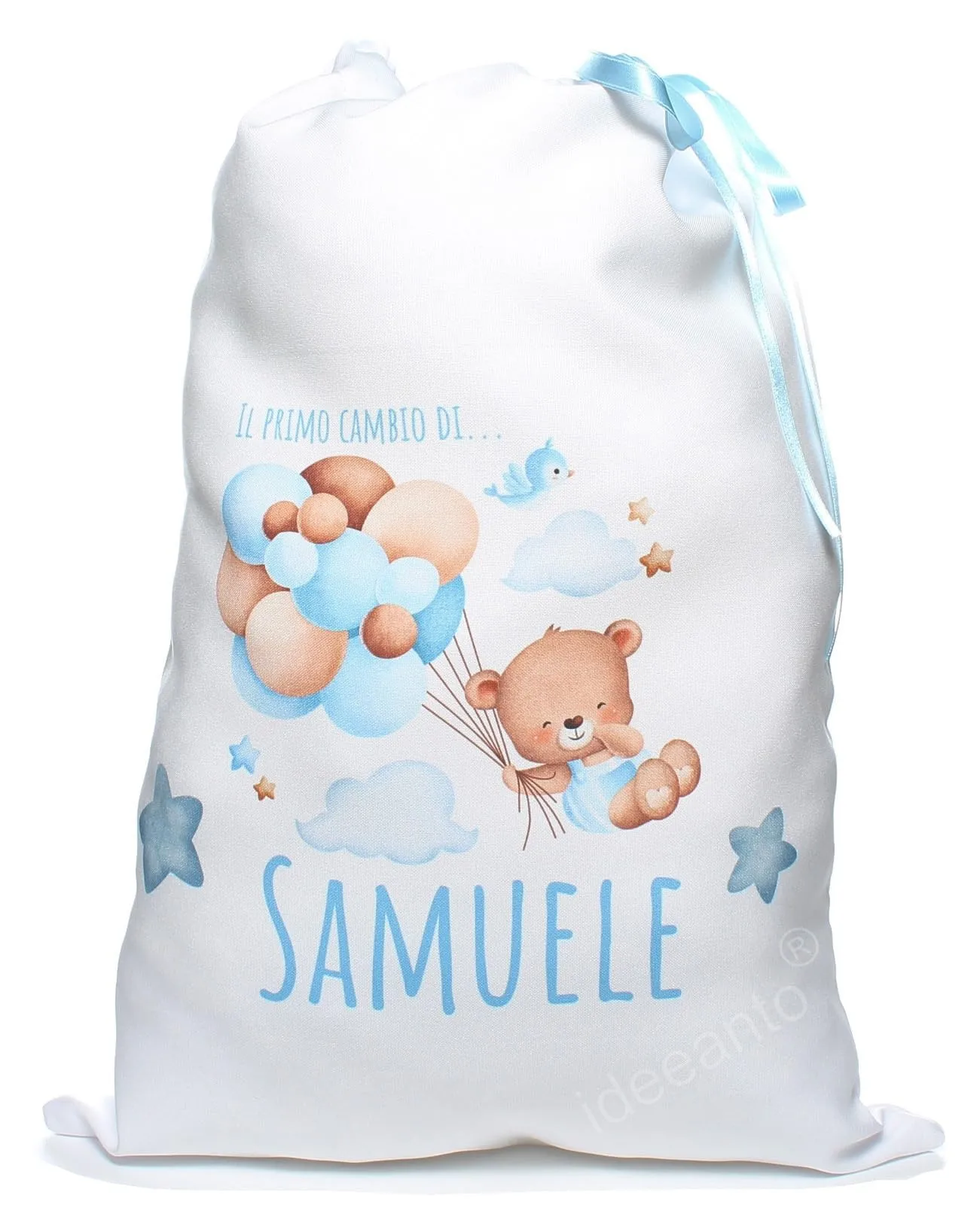 Sacchetto porta corredino personalizzato con il nome del tuo bambino bambina chiusura a coulisse sacca primo cambio neonato (Azzurro)