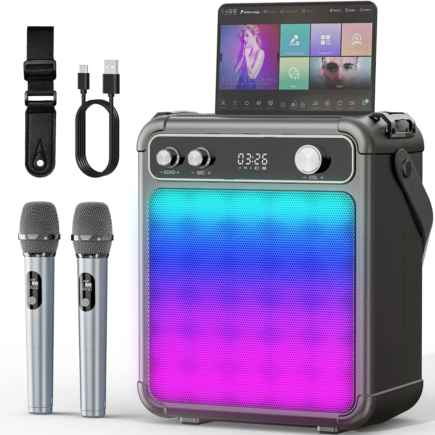 karaoke con 2 microfoni,Cassa Karaoke Professionale completo Portatile Bluetooth con microfono,LED luci,Ideale per Feste,Regalo per adulti e bambini,Supporta USB/TF/AUX