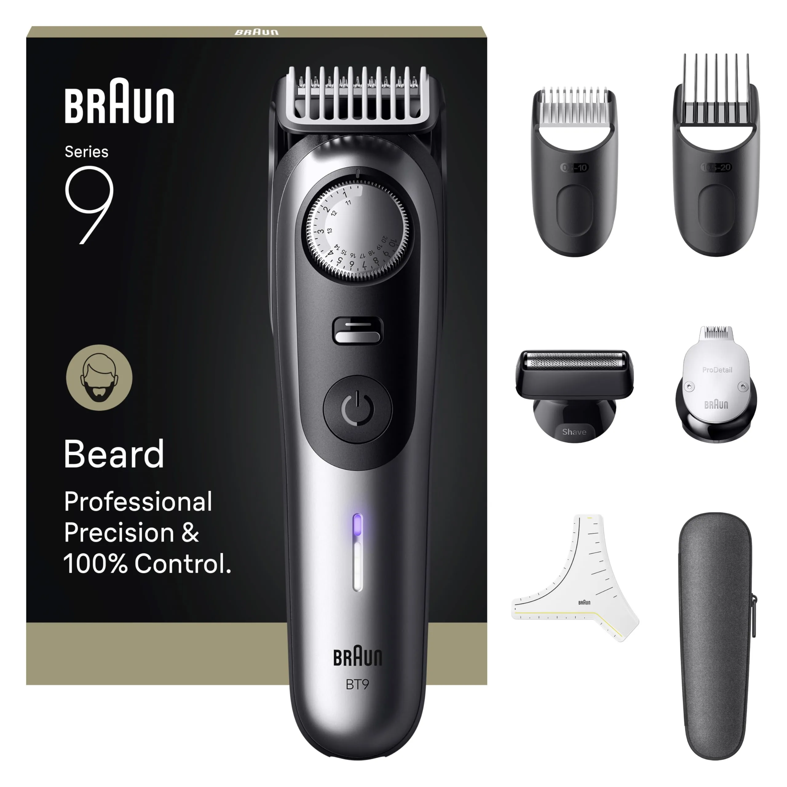Braun Trimmer Barba Series 9, + 7 Strumenti Barbiere, Modalità PowerBoost, Lama ProBlade, 180 Min Autonomia, Gradiato, 50 Lunghezze, Rotella Di Precisione E Blocco, Impermeabile, BT9520, Cromo