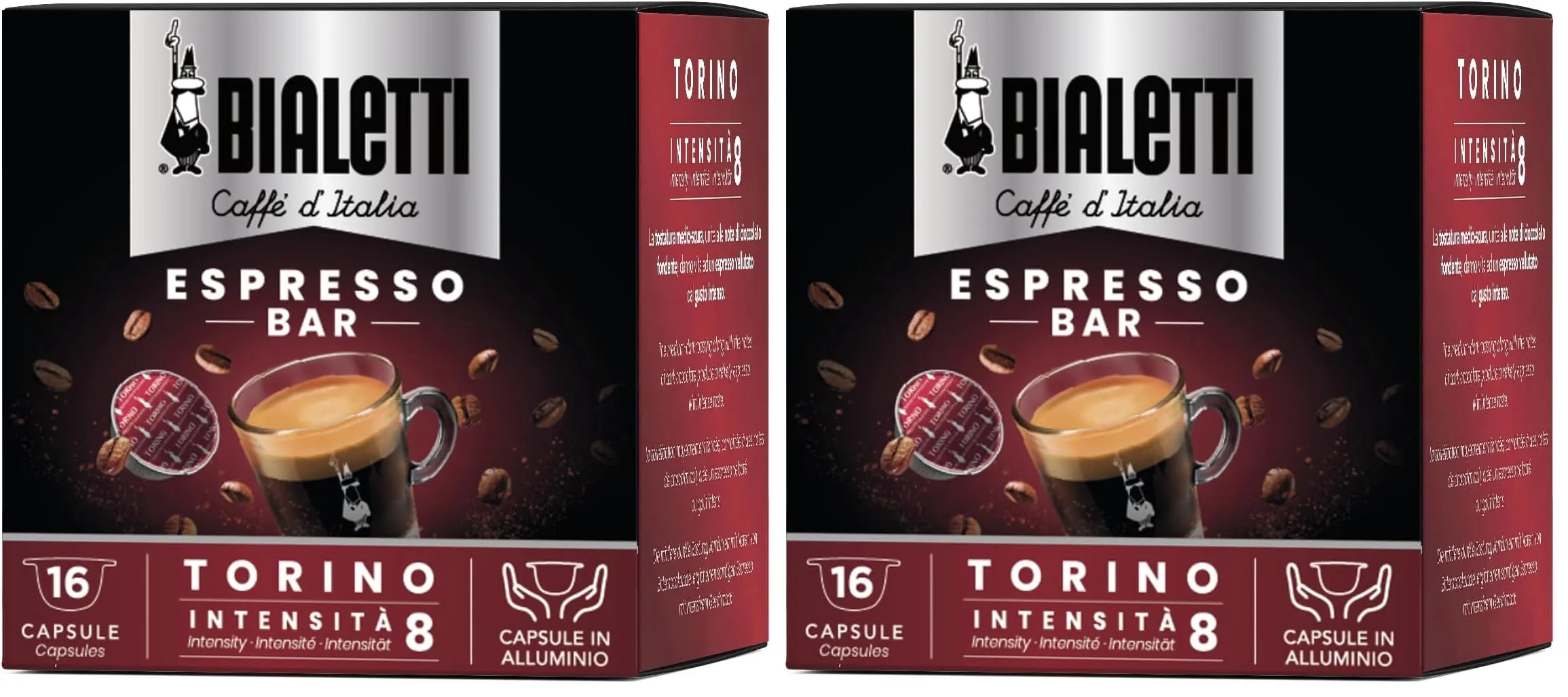 Bialetti Caffè d'Italia, Box 16 Capsule, Torino, Intensità 8, Compatibili con Macchine Bialetti sistema chiuso, 100% Alluminio (Confezione da 2)