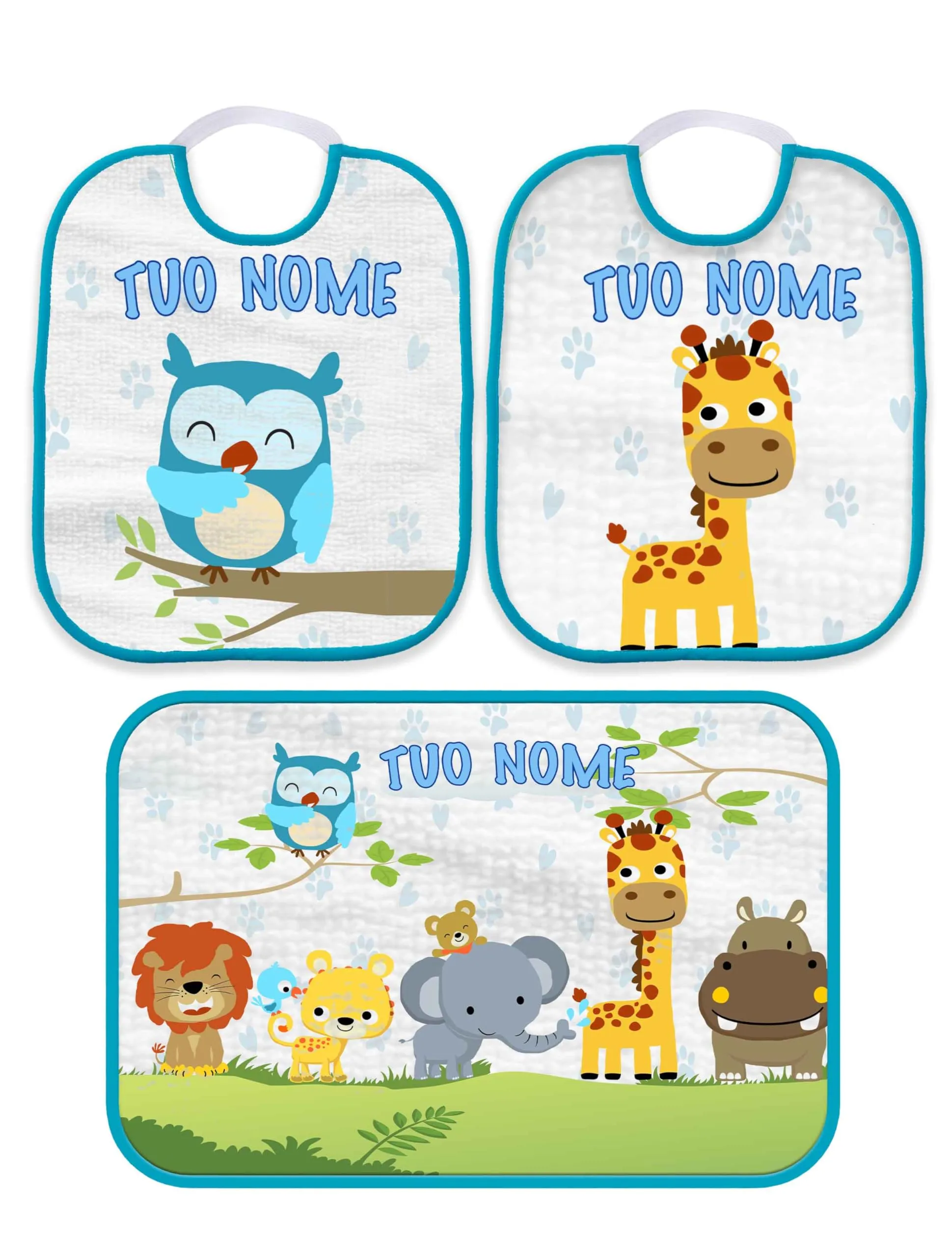 Set Asilo personalizzato con nome (Set 2 Bavette Bavaglino Asilo + Asciugamano con asola personalizzabile con nome Animali della foresta Bordo Azzurro)
