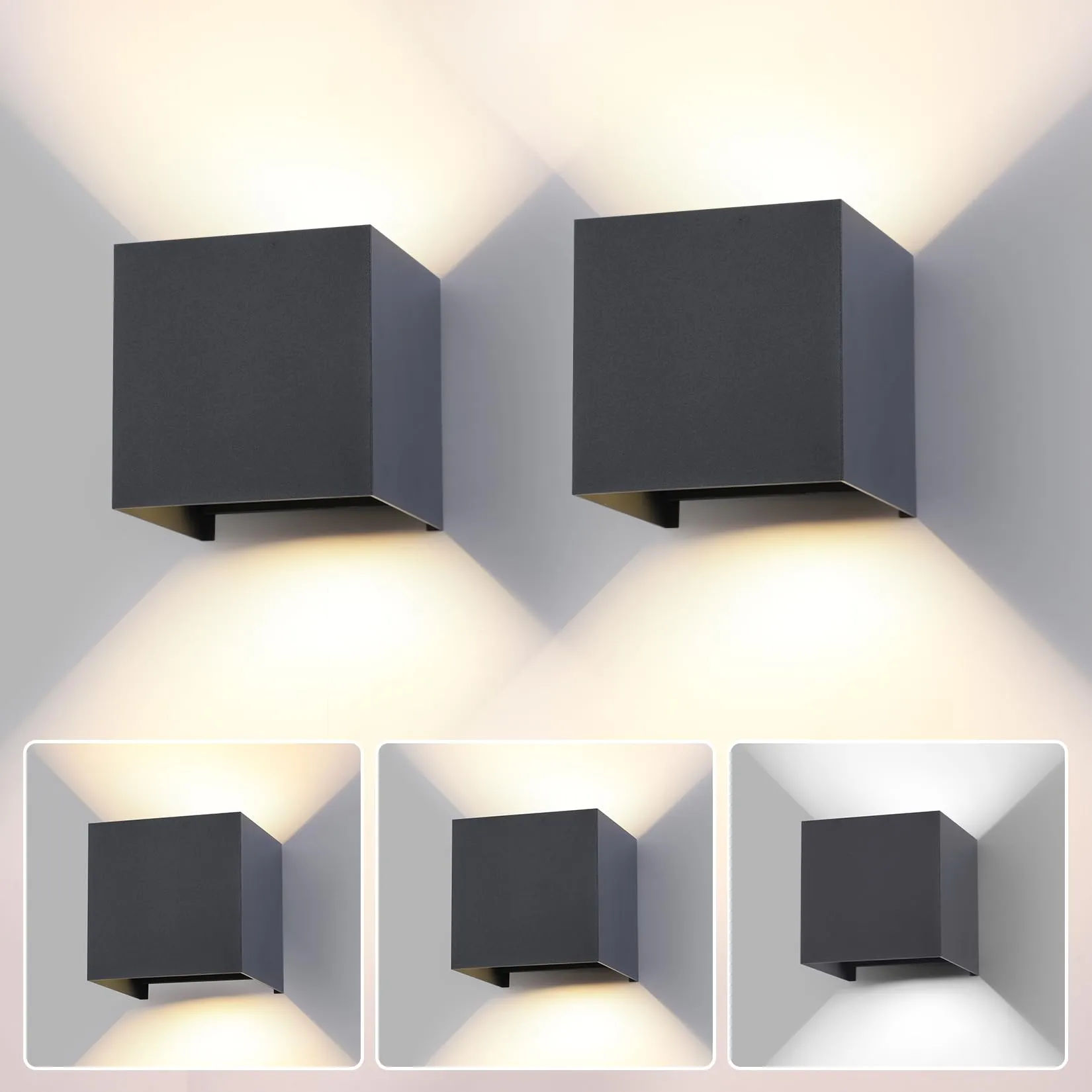2 Pezzi LED 15W Lampada da Parete Esterno/Interno Regolabile 3 colori Cubo 11CM IP65 Impermeabile Lampade da Esterno Parete Applique Esterni Quadrata Angolo del Fascio Regolabile Moderne Antracite