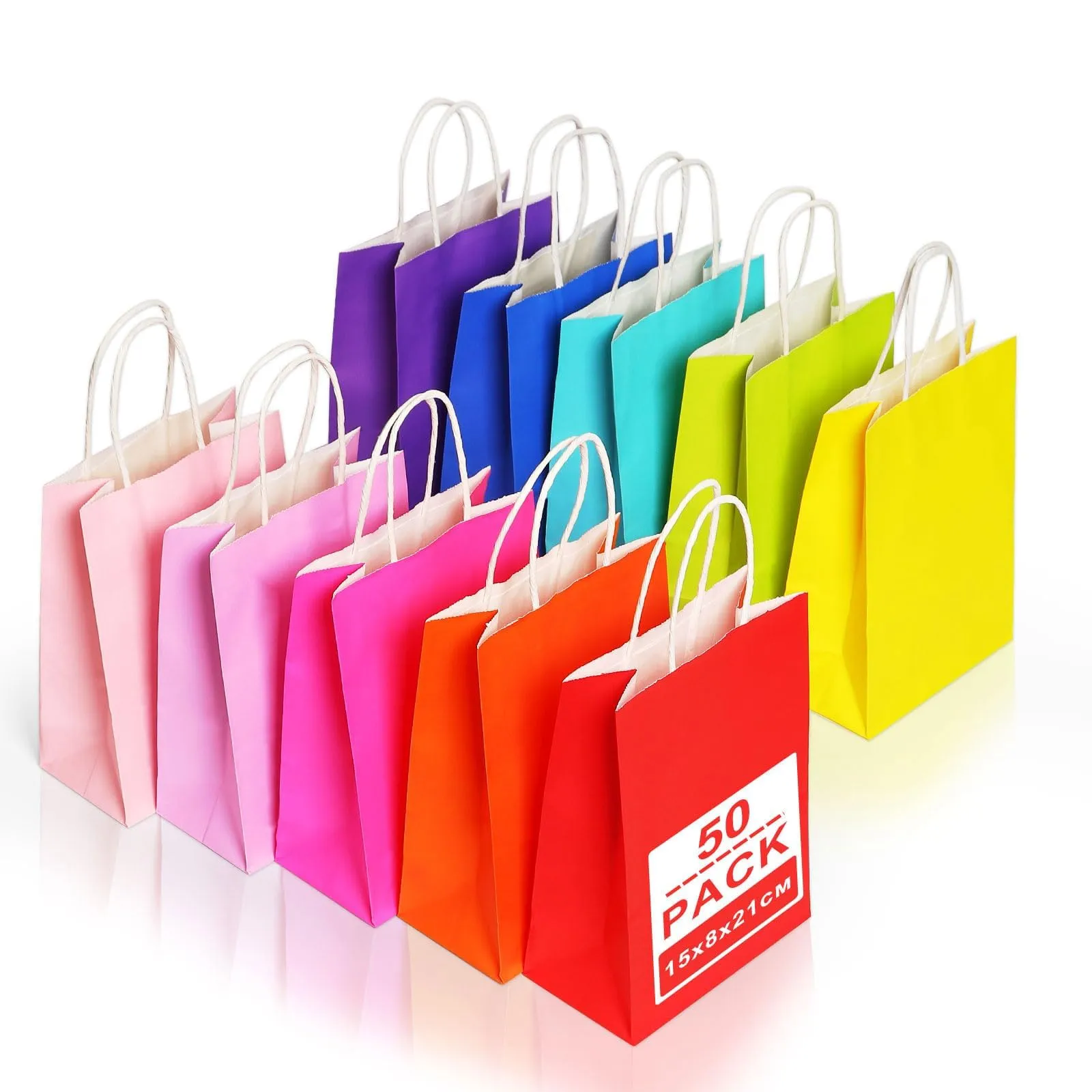 Gucass 50 Pezzi Piccolo Sacchetti Carta con Manici, Colorati Borse Carta Kraft Sacchetti da Regalo, 15x8x21cm, Shopper in Kraft Carta Borsa Regalo, per Feste Compleanno Natale Matrimoni Shopping