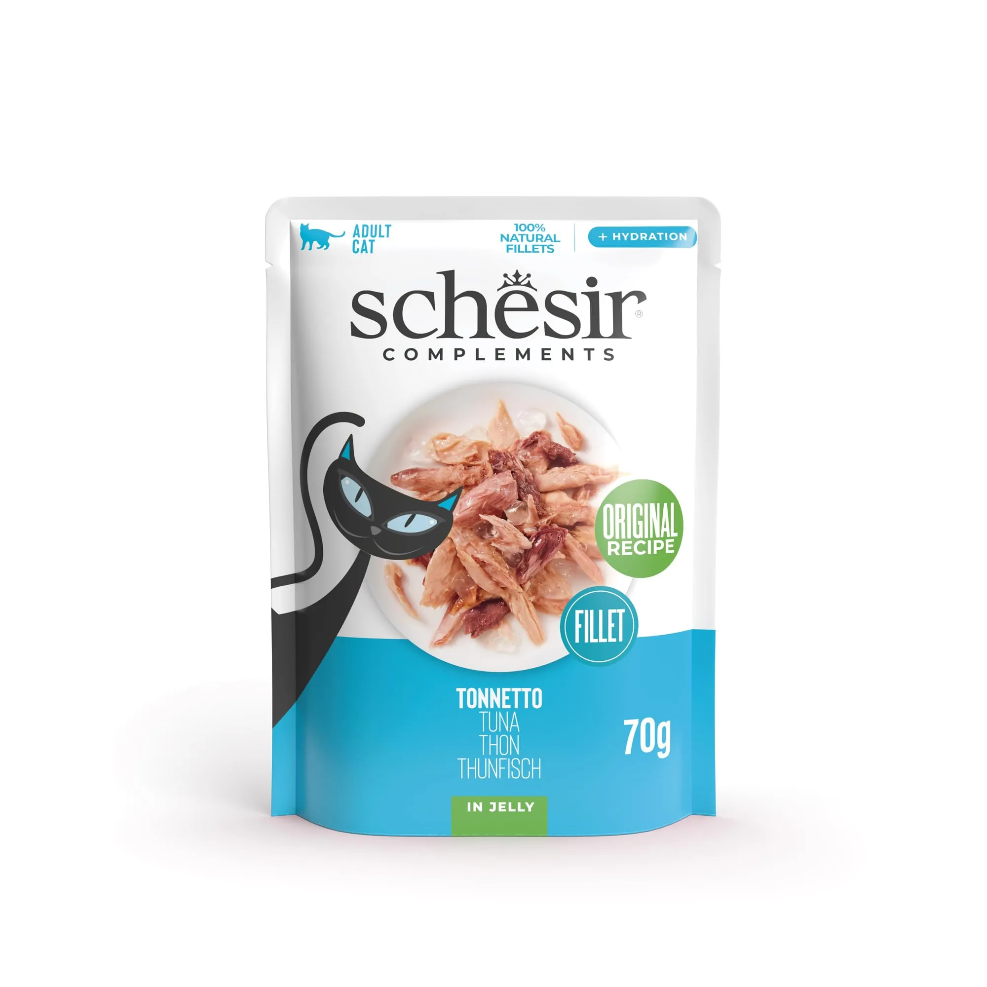 Schesir, Filetti di Tonno in Gelatina, Cibo Umido Complementare per Gatti, Ricetta Originale, 100% Naturale, 12 buste da 70g