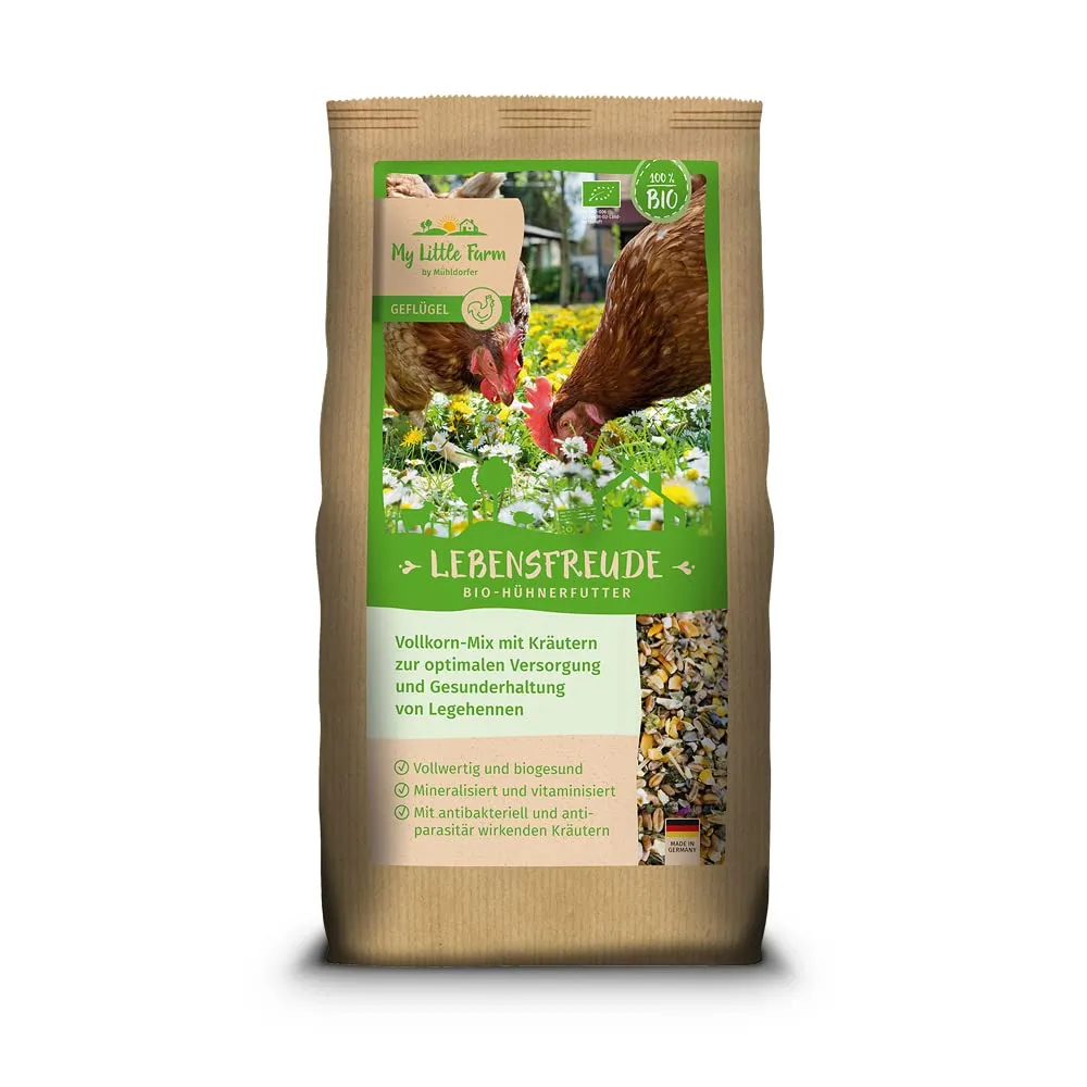 My Little Farm Lebensfreude - Cibo per polli biologico, 2 kg, mix di cereali integrali con erbe preziose per una cura ottimale e un mantenimento sano di galline ovaiole e altri pollame