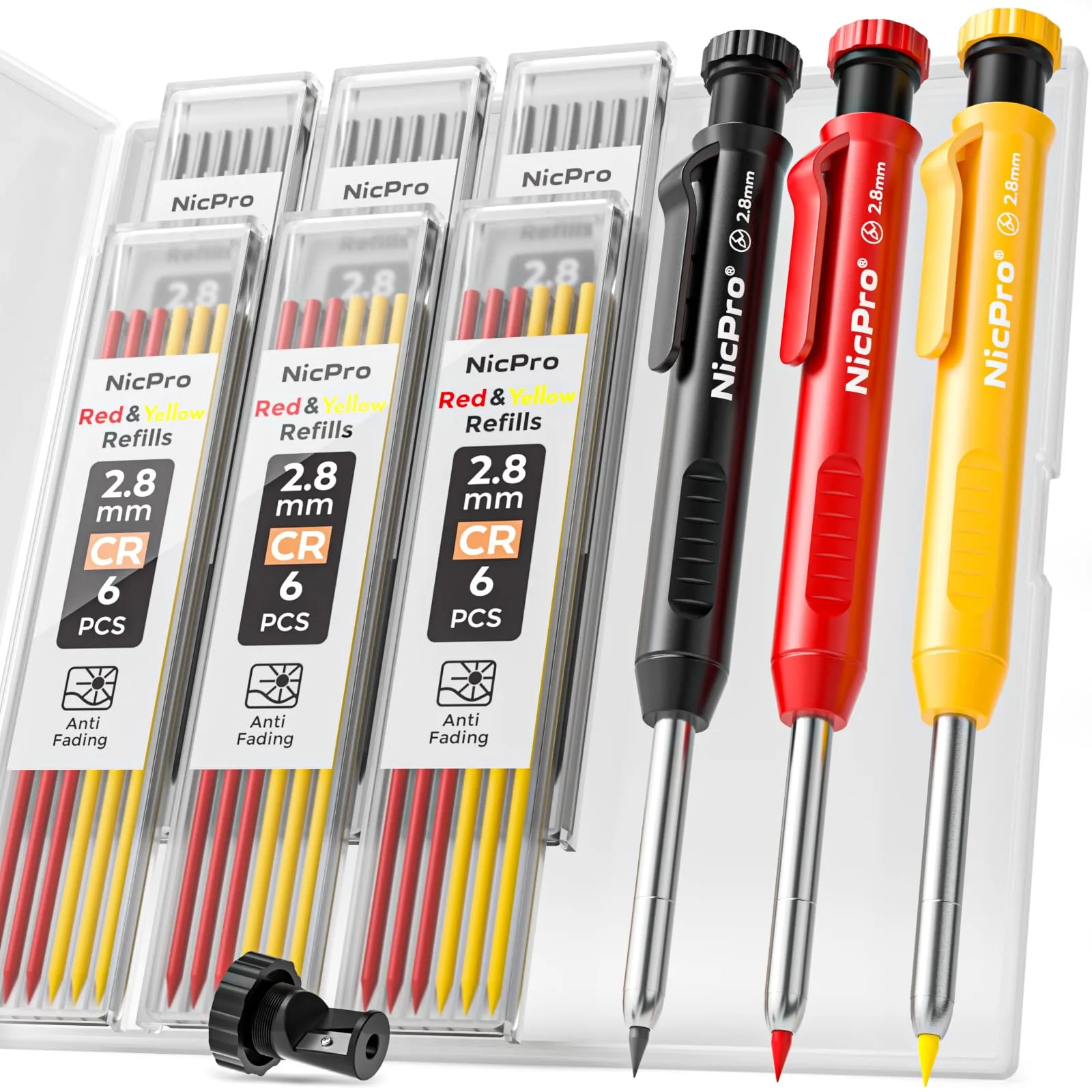 Nicpro 2 Pezzi Matite Falegname Set con 26 Mina, Nero & Rosso Solida Meccanica Carpentiere Temperino Incorporato Strumenti fai da te con per Cantiere, Angolo, Aarcatore di velocità, misura di vernice