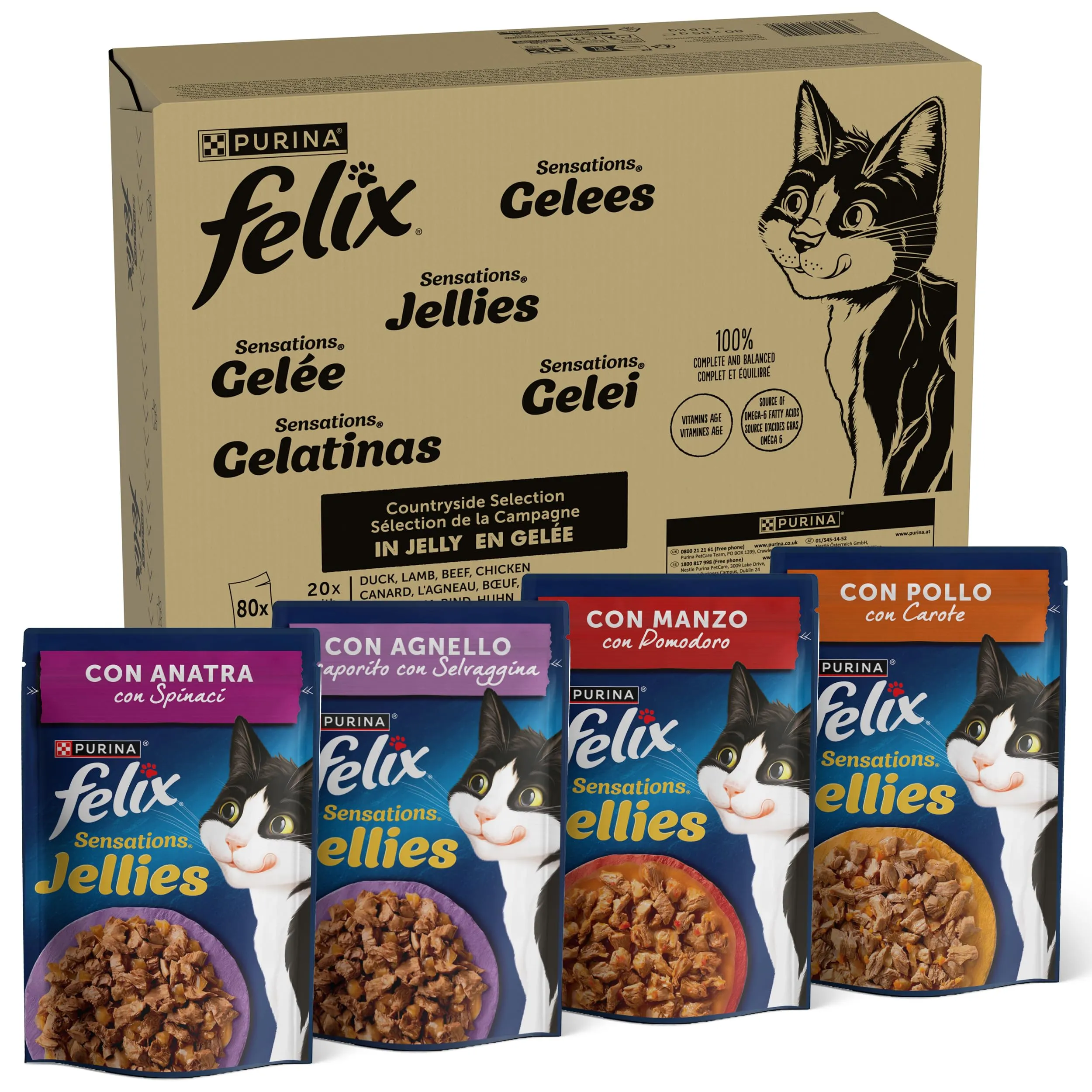 Purina Felix Sensations Cibo Umido per Gatti con Manzo, Pollo, Anatra, Agnello, 80 buste da 85g, 1 Unità (Confezione da 1)