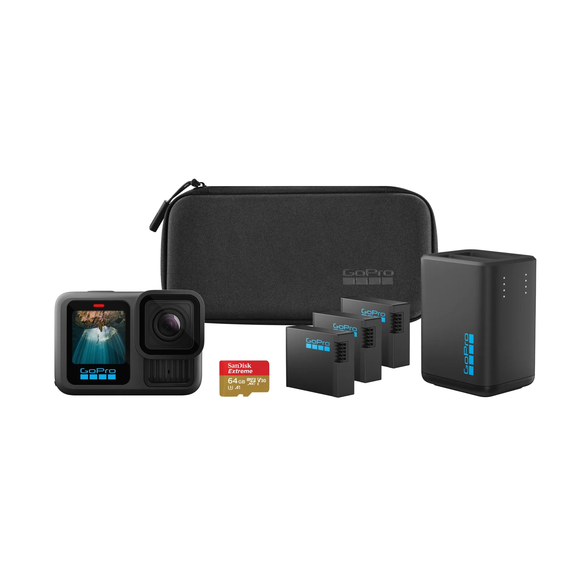 GoPro HERO13 Black Extended Power Bundle - Include caricabatteria doppio, 3 batterie Enduro, scheda microSD da 64 GB, supporto adesivo curvo e custodia per fotocamera