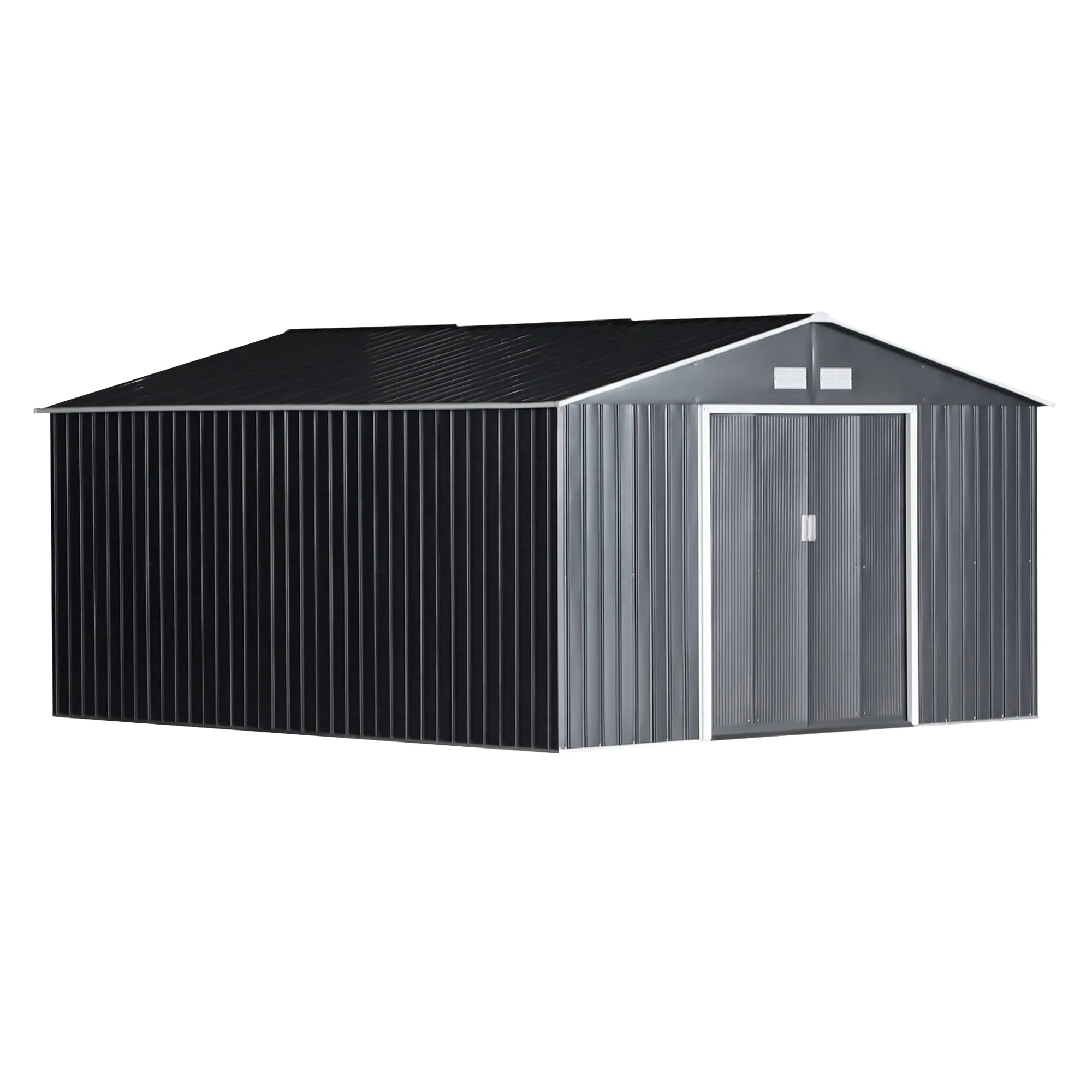 Outsunny Casetta da Giardino con Base e Doppie Porte Scorrevoli, Capanno da Giardino in Acciaio, 340x386x200 cm, Grigio Scuro