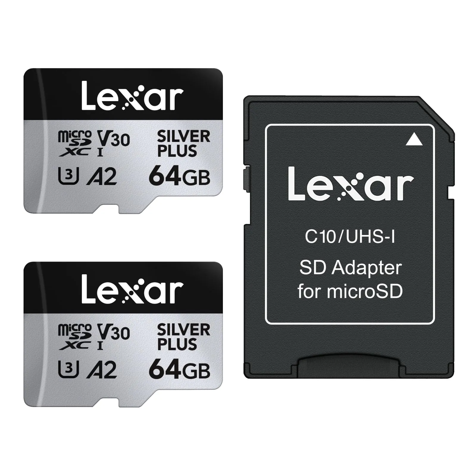 Lexar 64 GB Scheda Micro SD Silver Plus 2 Pack, Scheda di Memoria Flash MicroSDXC UHS-I con Adattatore - fino a 205 MB/s, A2, U3, V30, Class10, TF Card Alta Velocità