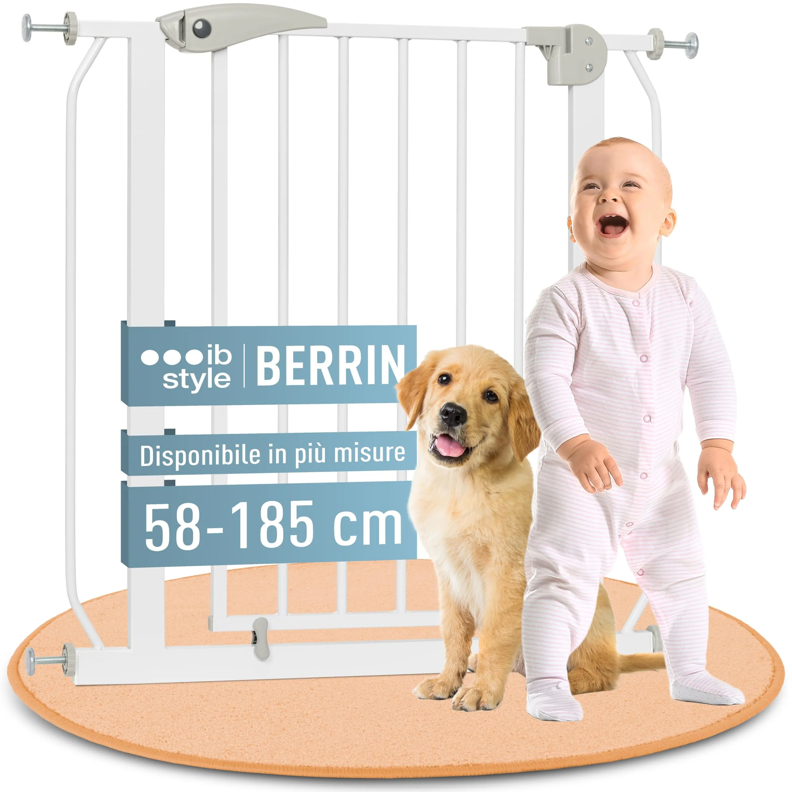 ib style Cancelletto per Bambini di Sicurezza Berrin 95-105 cm - Scale e Porte, Senza forature, Metallo, 90° Stop, Anche per Cani e Animali Domestici, Bianco