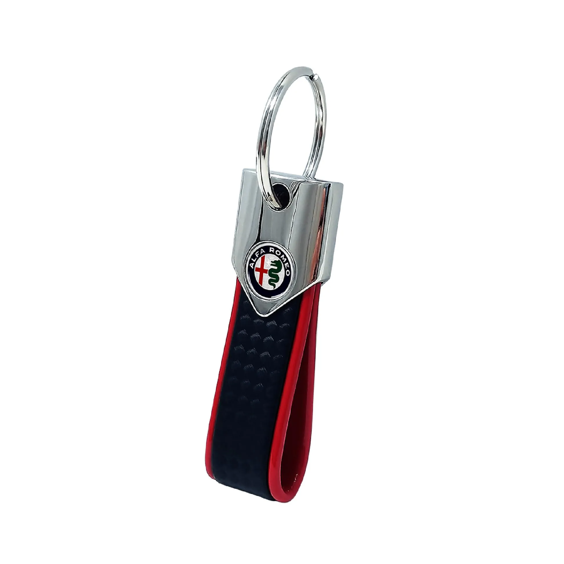 4R Quattroerre.it, Portachiavi Elite Alfisti, Portachiavi per Auto in Ecopelle, Resistente, Con Inserti in Carbonio, Colore Carbon Rosso, Logo Alfa Romeo, Ideale come Regalo, 34 x 87 mm