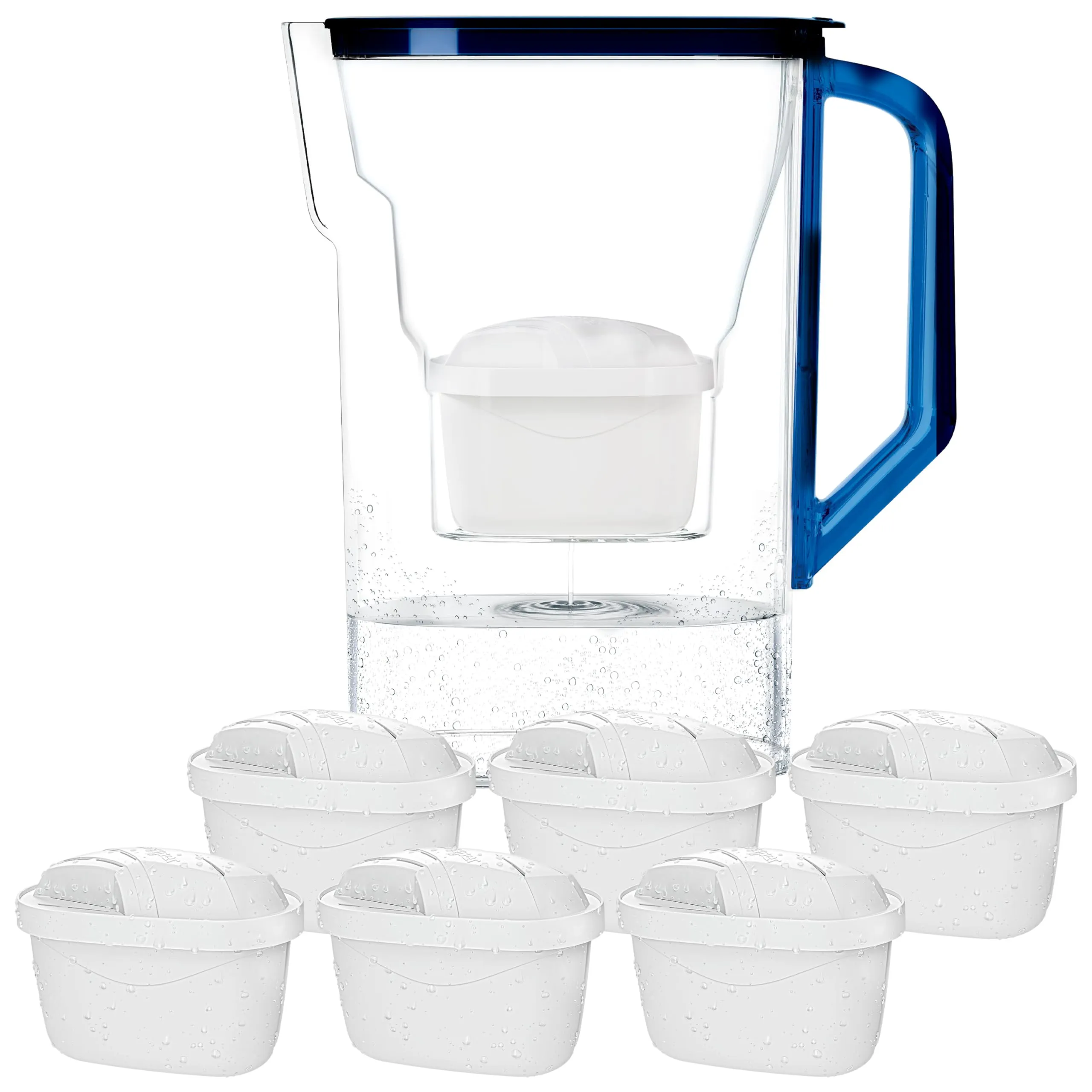 Wessper Caraffa Filtrante con Filtri, Caraffa per Frigorifero da 2,7 Litri, Cartucce per Acqua con Carbone Attivo e Rresina a Scambio Ionico, Caraffe e set di 6 Filtro - Blu