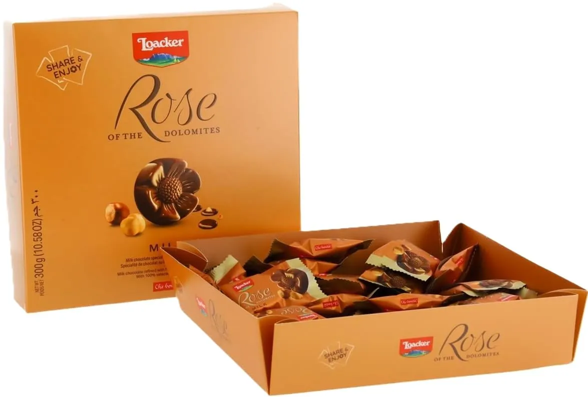 Loacker, Rose of the Dolomites Milk, Praline di Cioccolato al Latte con Crema di Nocciole e Cacao Finissimo, Idea Regalo da Condividere, Merenda e Snack, 1 Confezione da 24 Cioccolatini (300g)