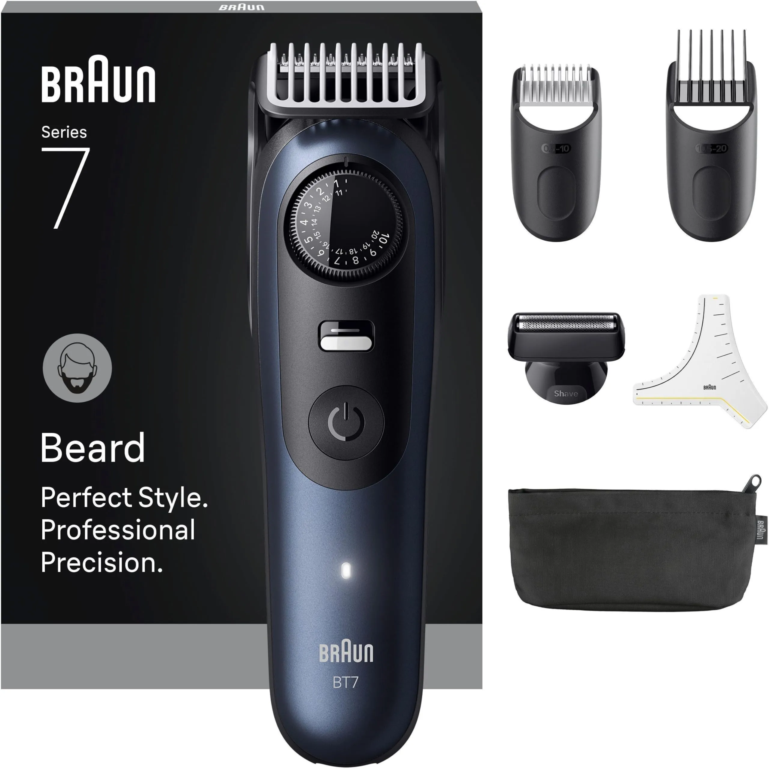 Braun Barttrimmer Serie 7 + 6 accessori, lama ProBlade affilata a vita, fino a 120 minuti di durata della batteria, 40 impostazioni di lunghezza, impermeabile, ruota di precisione e tasto di blocco,