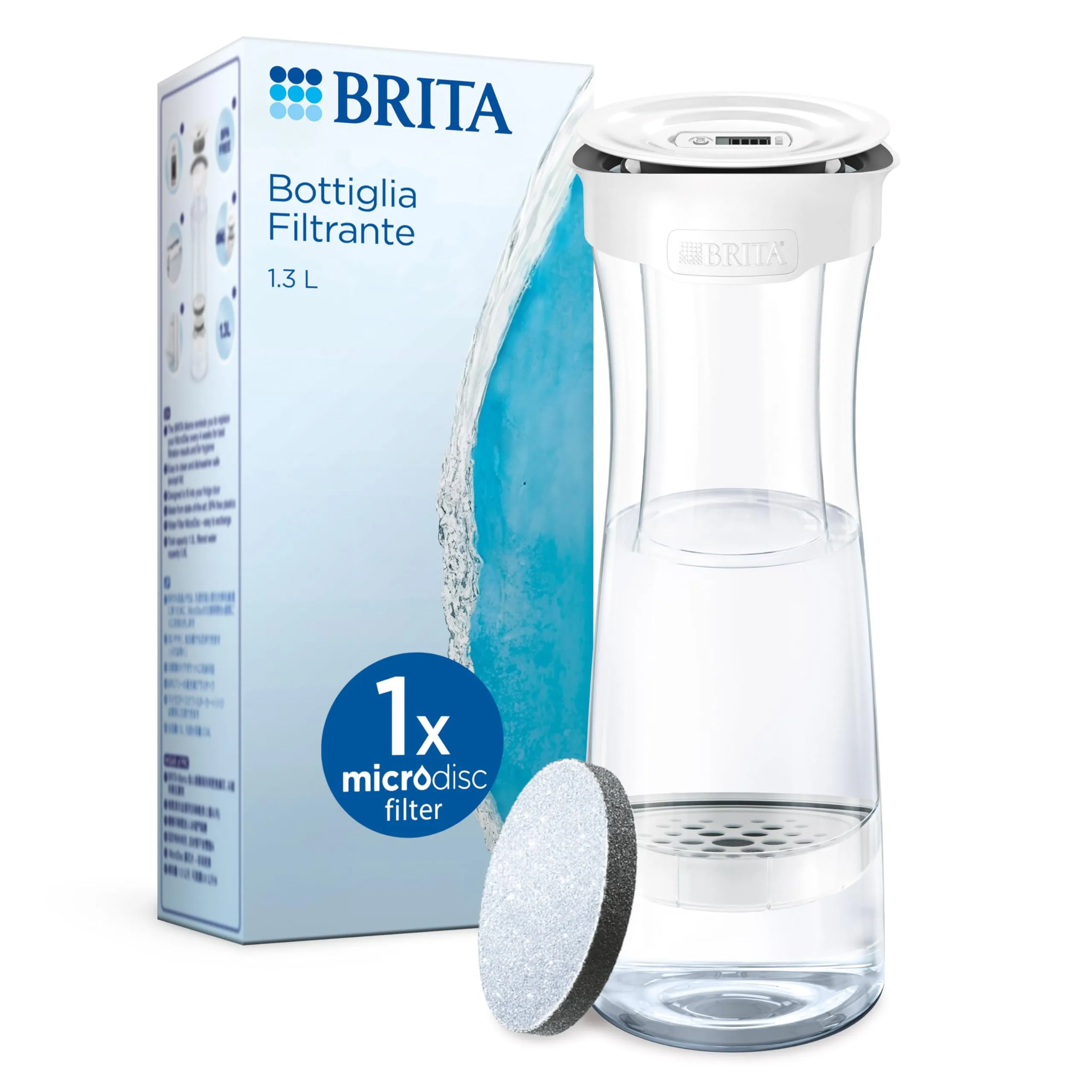 BRITA Bottiglia filtrante, bianca (1,3L) incl. 1 filtro MicroDisc: riduce PFAS, cloro, microparticelle e altre impurità