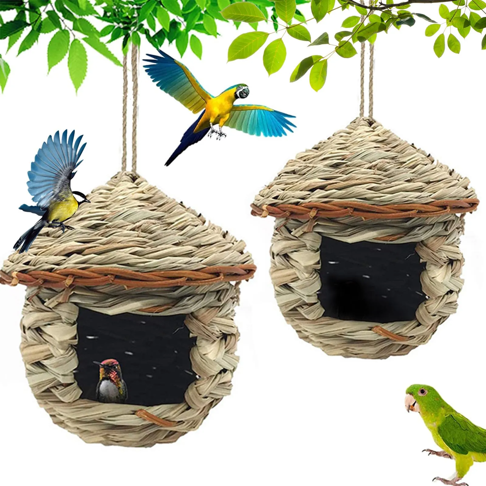 Casetta per Uccelli, 2 Pezzi Nido per Uccelli, Casetta per Uccelli da Appendere, Natural Casa degli uccelli di paglia, Nido per Uccellini da Esterno, per Piccoli Uccelli Come Colibrì, 15x15 cm
