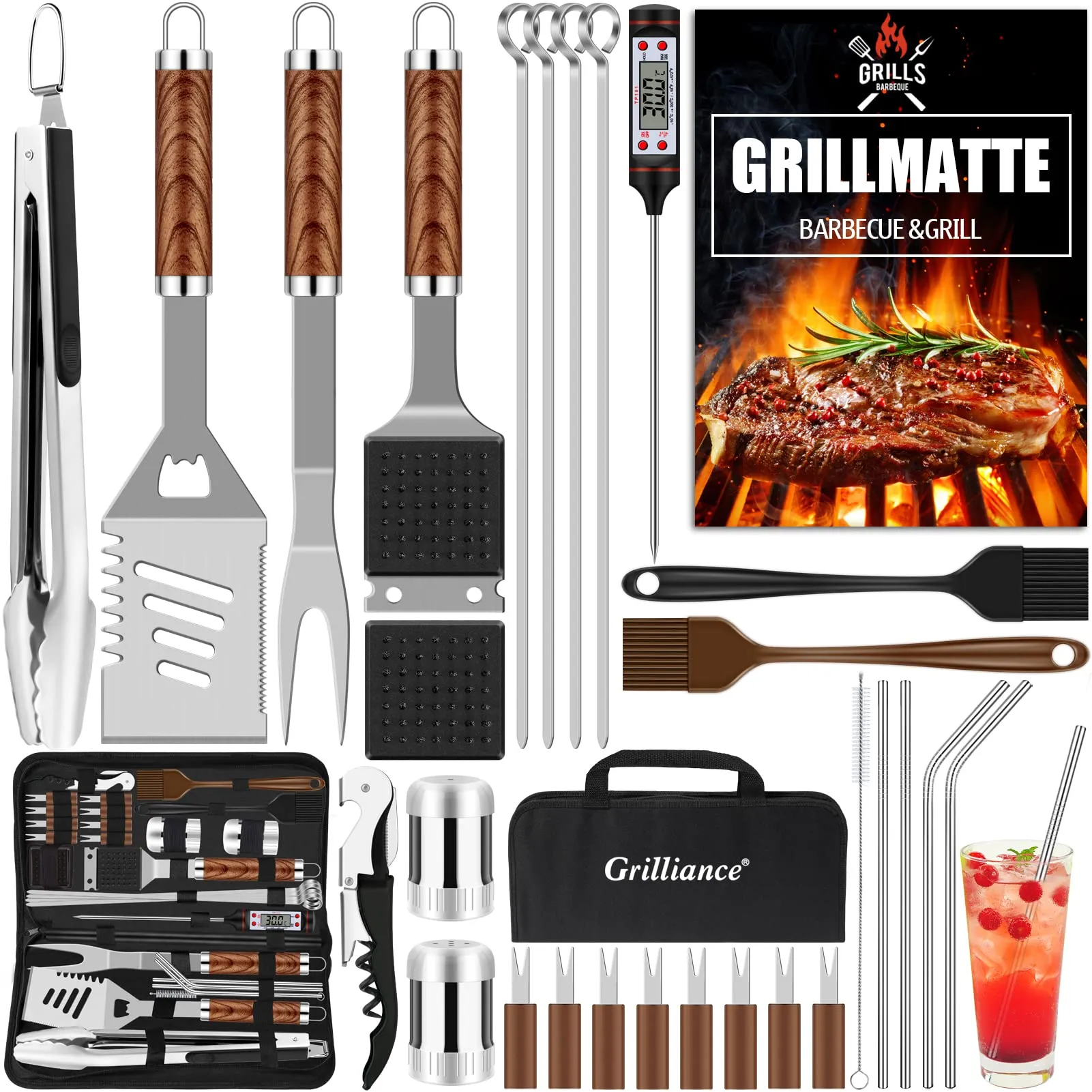 Grilliance Set di 30 Posate per Barbecue, in Acciaio Inox di Alta qualità, Pinza per Barbecue, cavatappi, Set con Valigetta e Tappetino per Barbecue, per Uomini, Regalo per Campeggio