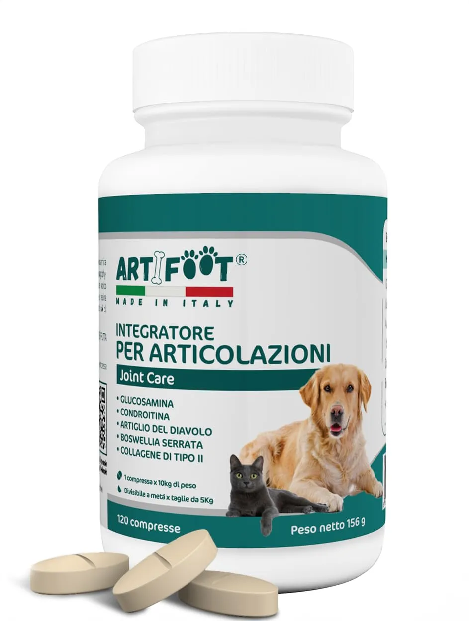 ARTIFOOT - Integratori per Cani Articolazioni - 120 Compresse Insapore - Glucosamina e Condroitina, Boswellia, Artiglio del Diavolo e Collagene di Tipo II - Condroprotettori Cane e Gatto