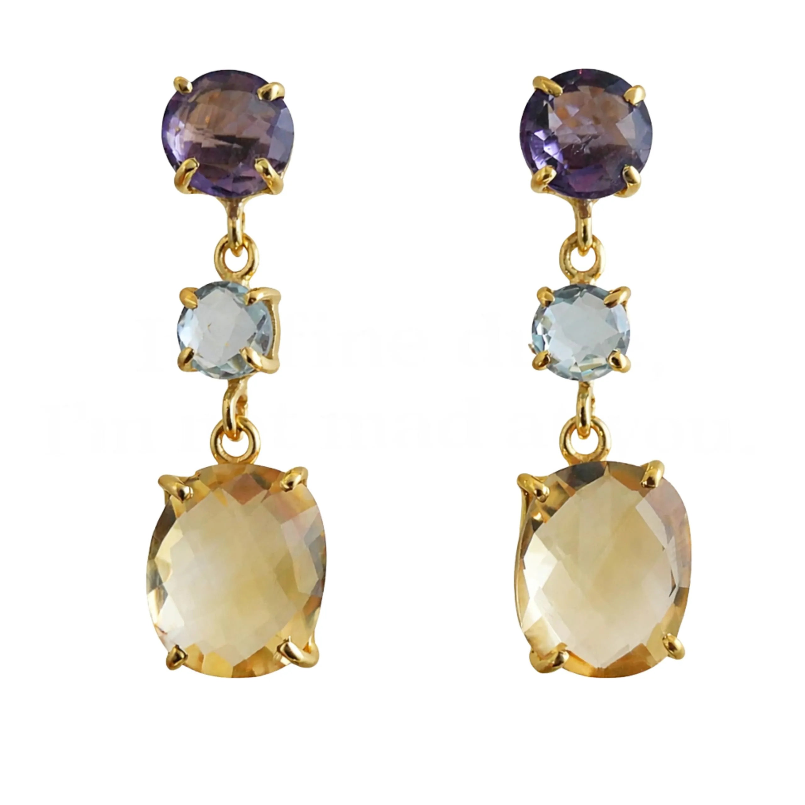 Orecchini Pendenti Multigemma in Argento Sterling 925 Placcato Oro con Ametista, Topazio Azzurro e Citrino - Gioielli Colorati da Donna 3,4 cm