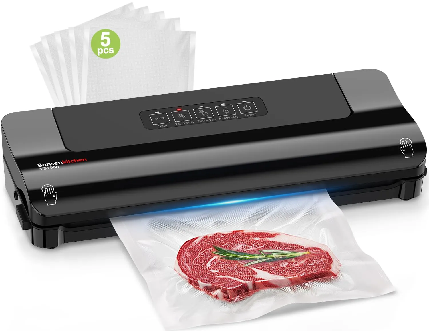 Bonsenkitchen Macchina per Sottovuoto Alimenti, Macchine Sottovuoto Alimenti compatta, funzionamento continuo ad alta velocità, con sacchetto sottovuoto e tubo accessorio