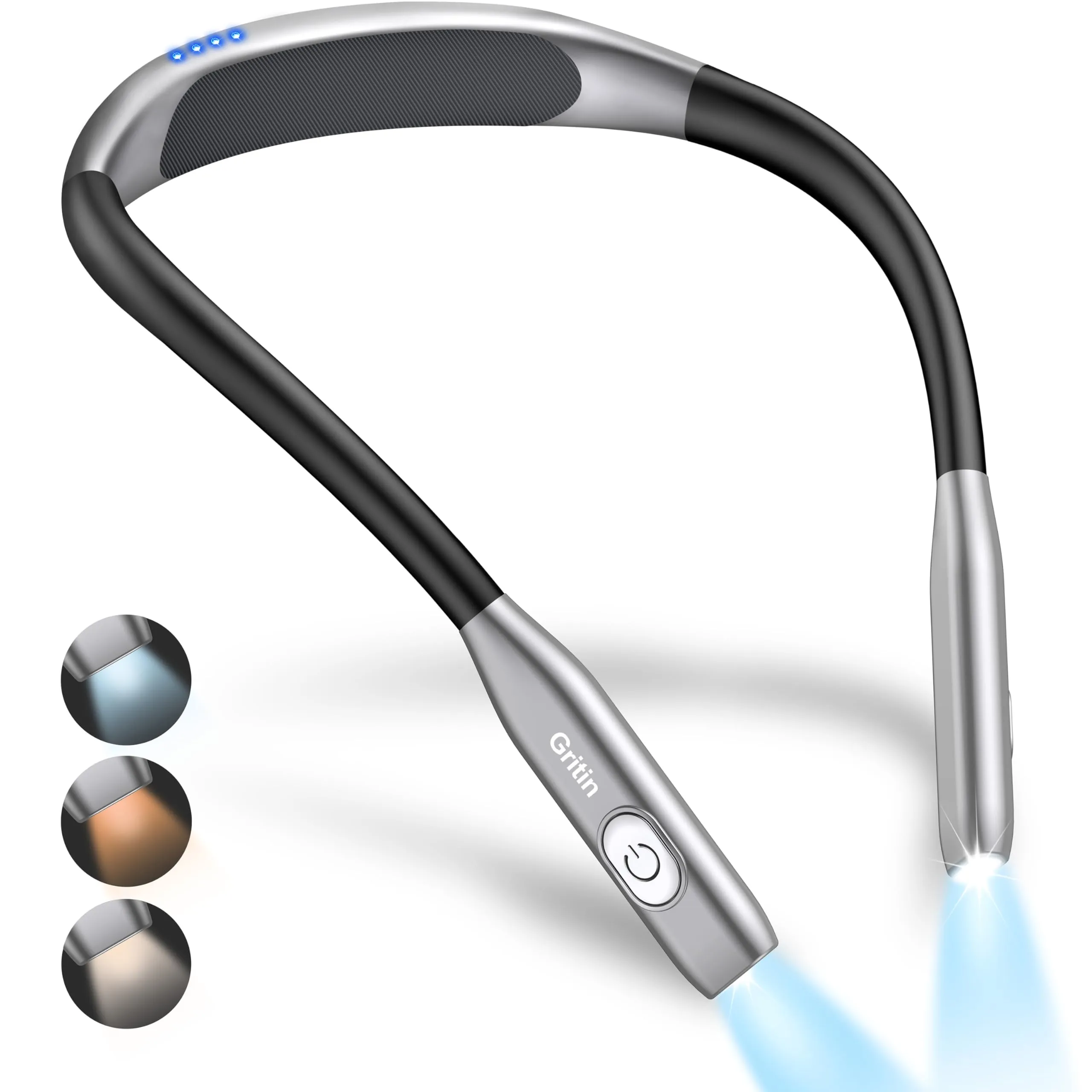 Gritin Collo Lampada da Lettura Ricaricabile,LED Luce da Lettura per Libri a Letto,3 Temperature di Colore,Design Ergonomico Intorno al Collo Comodo e Flessibile Luce del Libro per Studio,Letto,Viaggi