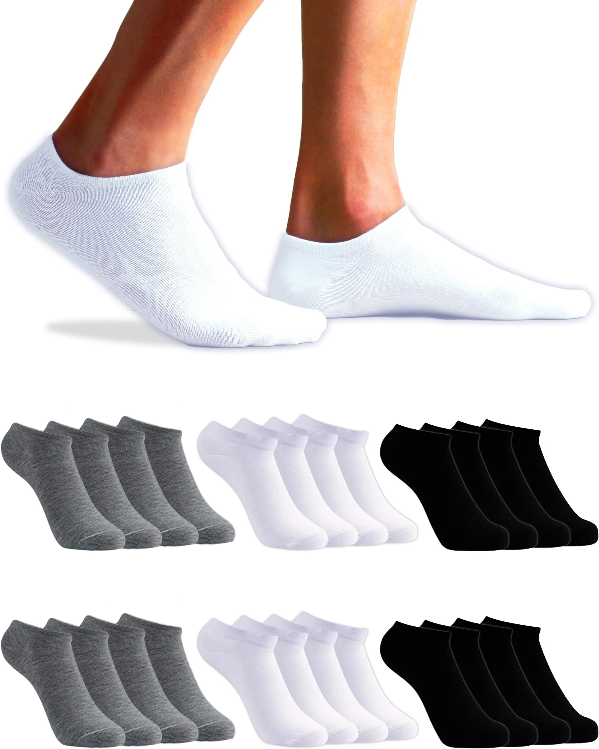 topline 12 Paia Calzini Uomo Corti e Calzini Donna Corti - Fantasmini Uomo e Fantasmini Donna - Calzini uomo e Calzini Donna in Cotone e Traspiranti (40-46, Nero, Grigio e Bianco (12 Paia))