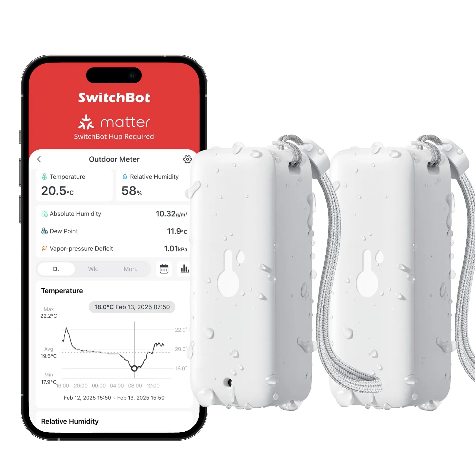 SwitchBot IP65, igrometro per interni ed esterni, termometro Bluetooth con punto di rugiada/VPD/sensore di umidità assoluto, termometro esterno, memorizzazione dati per serra, cantina, confezione da 2