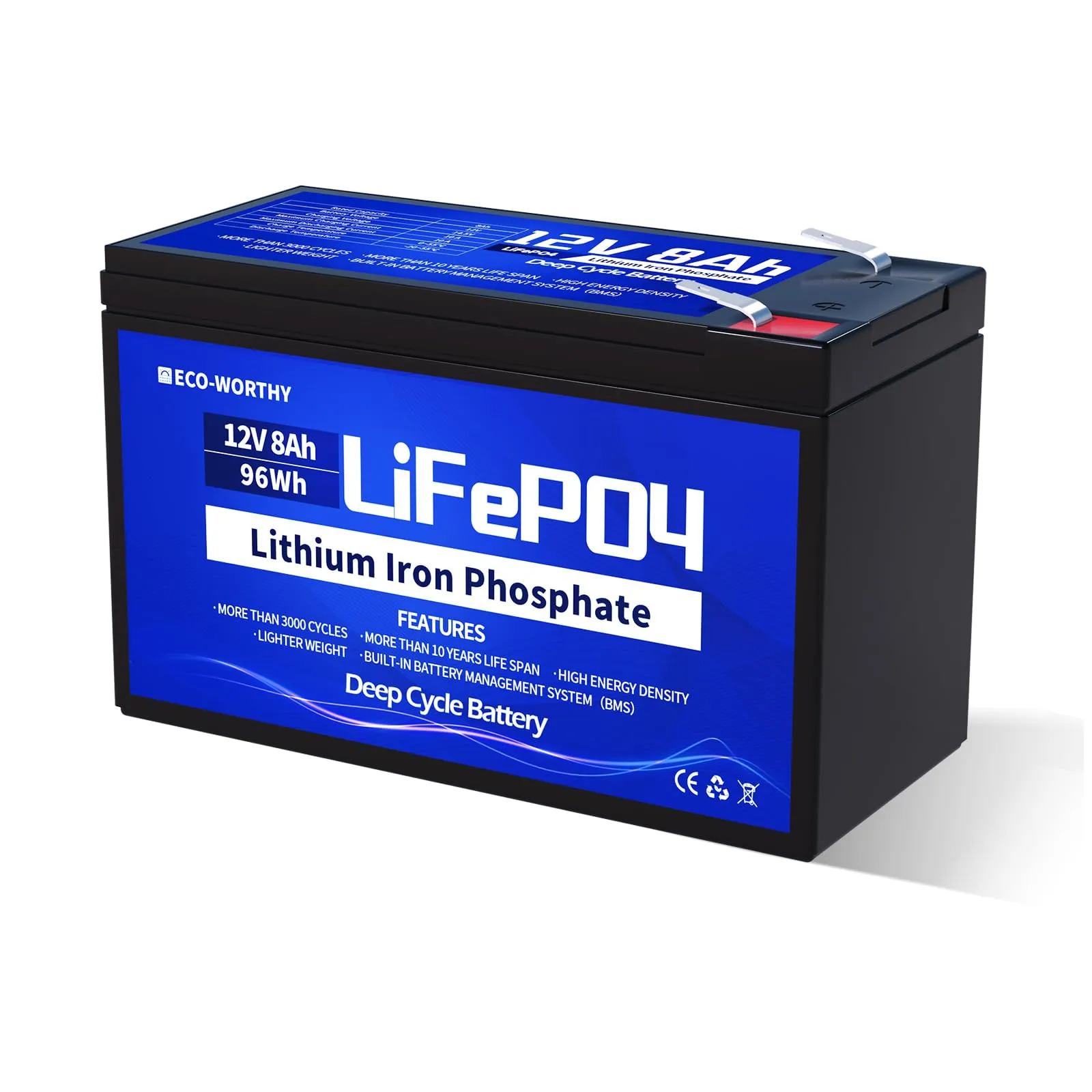 ECO-WORTHY - Batteria al litio LiFePO4, 12 V, 8 Ah, ricaricabile a 15000 cicli profondi e protezione BMS, per campeggio, impianto solare, camper, ecoscandaglio, barca, passeggino, pannello solare