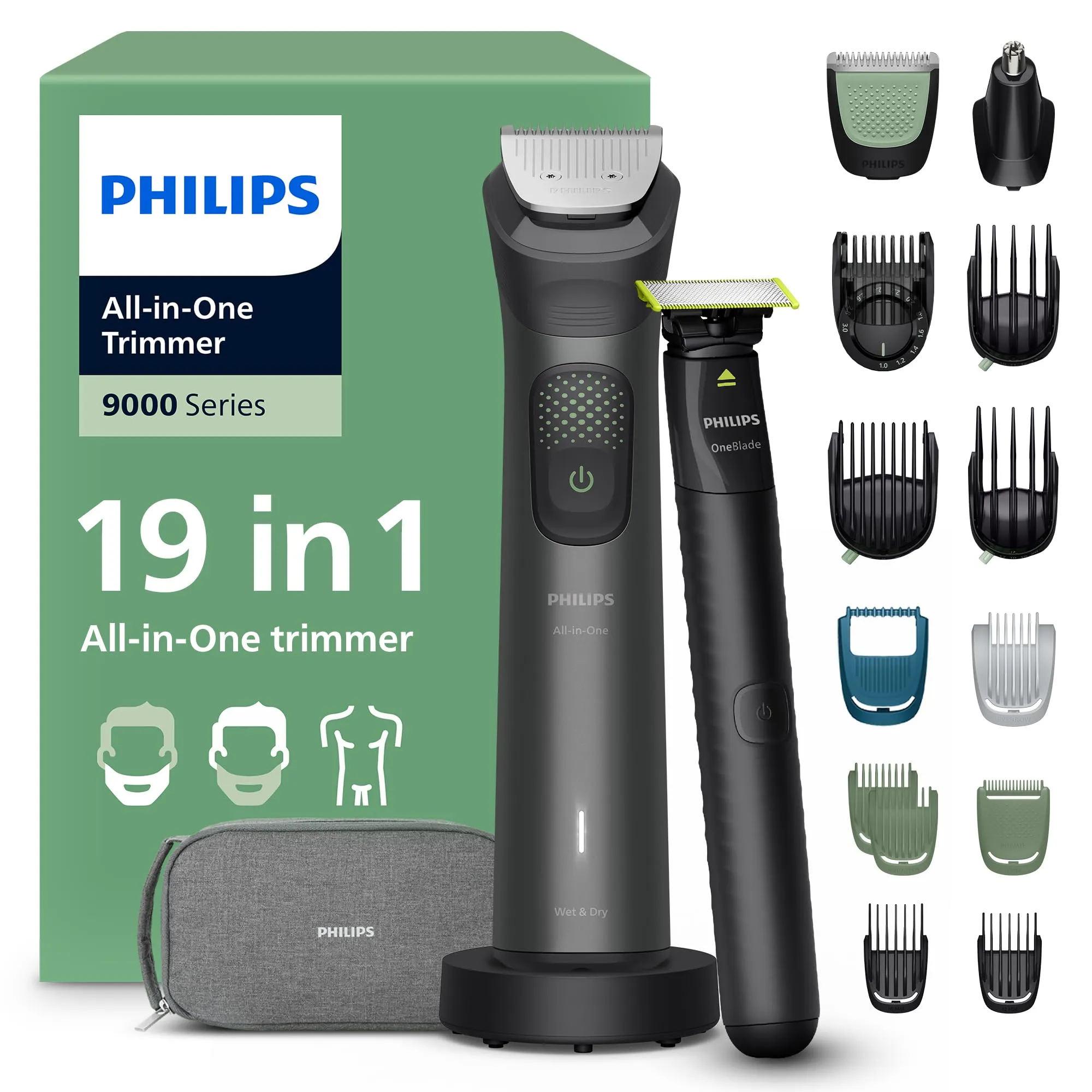 Philips Rifinitore All-in-one Multigroom Serie 9000 19 in 1 - Rasoio + Rifinitore uomo OneBlade - Set completo per viso, testa e corpo, 27 impostazioni di lunghezza (0,2-20 mm), Modello MG9556/15