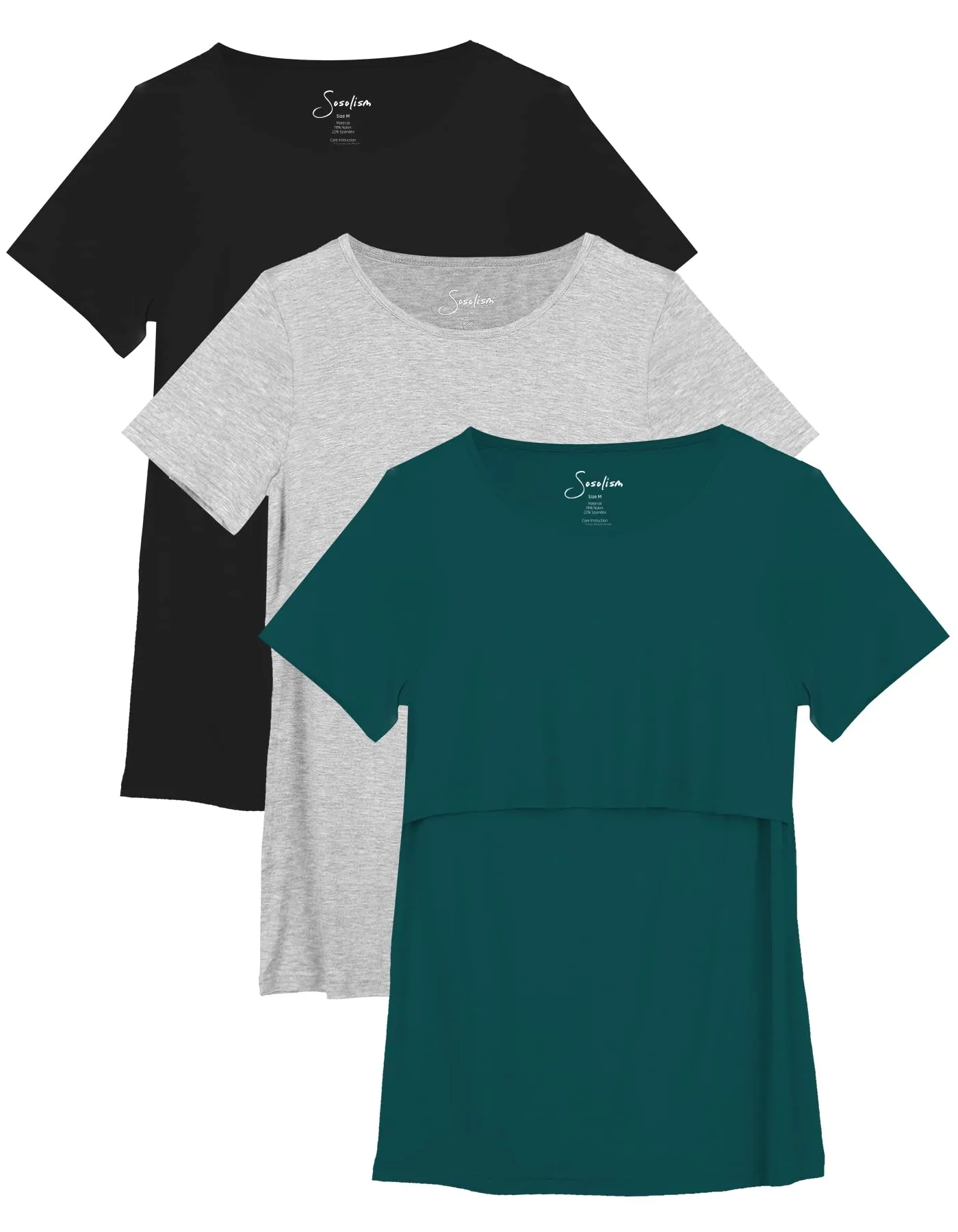 Sosolism Set da 3 Magliette da Allattamento Estate a Maniche Corte T-Shirt Casual per Gravidanza e Post-Parto per Donne Nero, Grigio Chiaro, Verde, Medio
