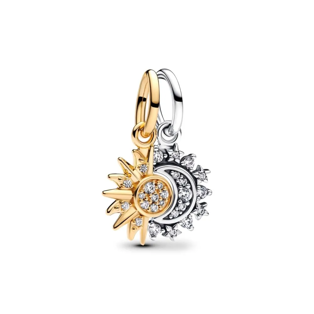 PANDORA Moments 763585C01 - Ciondolo a forma di sole e luna, in argento sterling con lega di metallo placcato oro e zirconi, compatibile con bracciali ME, Klar, Argento sterling, Zirconia cubica
