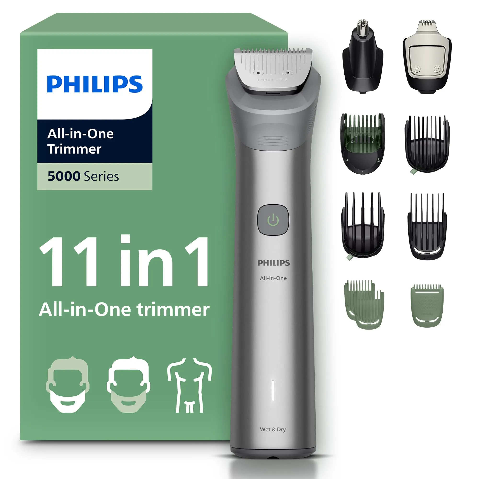 Philips Rifinitore All-in-one Multigroom Serie 5000 11 in 1 - Rifinitore per barba, capelli e corpo, lame autoaffilanti interamente in metallo, 17 impostazioni di lunghezza (0,5-16 mm), MG5951/15