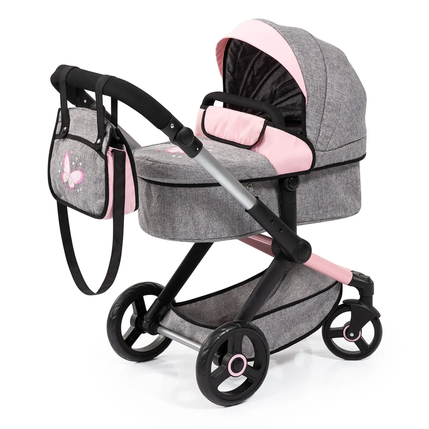 Bayer Design Design-17033AA 17033AA Passeggino per Bambole Xeo, Carrozzina, Manubrio Regolabile in Altezza e Girevole, Convertibile, Borsa, Colore Grigio, Rosa, Farfalla