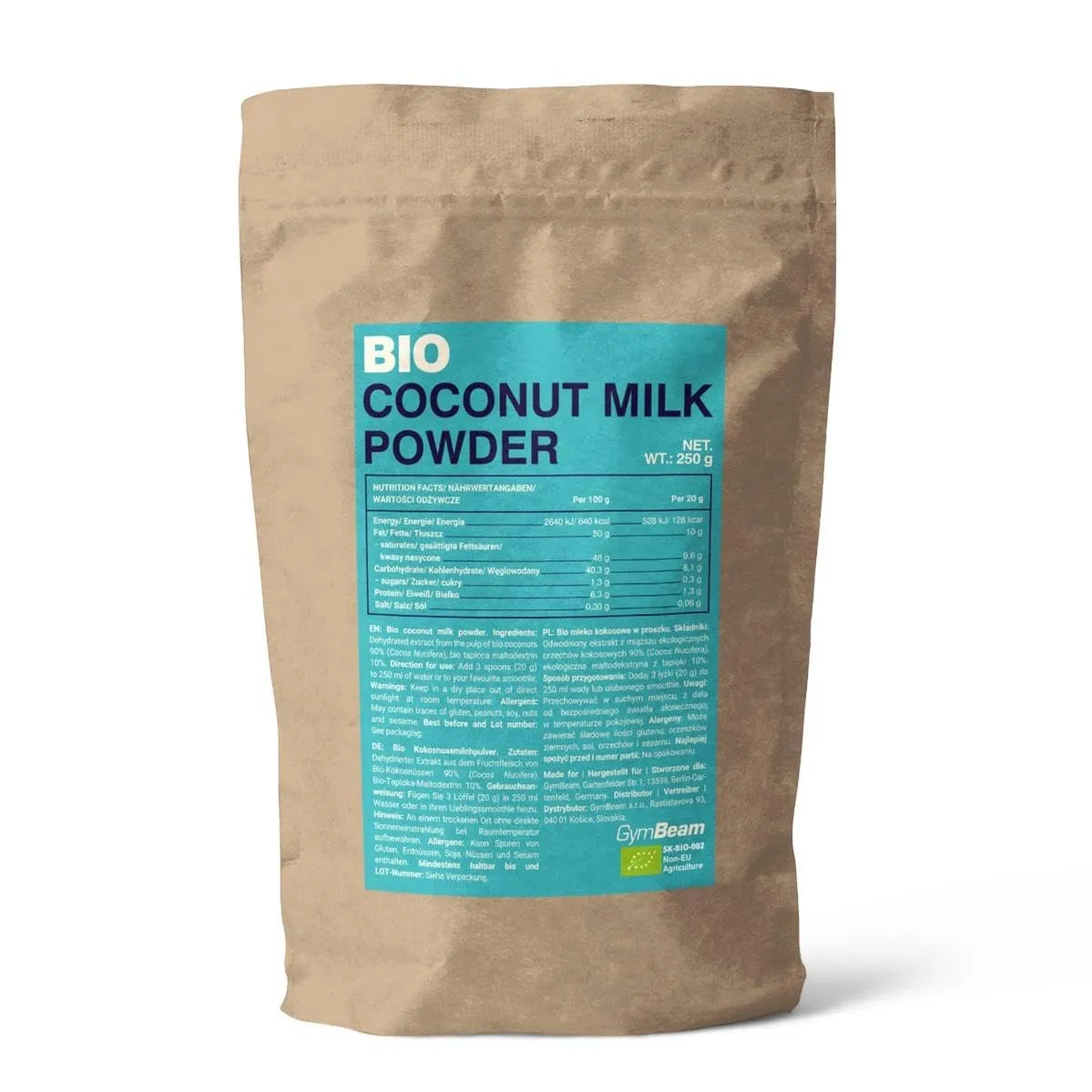 GymBeam Latte di Cocco in Polvere BIO 250g, Latte di Cocco Disidratato Istantaneo, Senza Zuccheri Aggiunti, Senza Glutine e Lattosio, Adatto per Caffè, Salse, Zuppe, Dessert, Frullati, Pancake