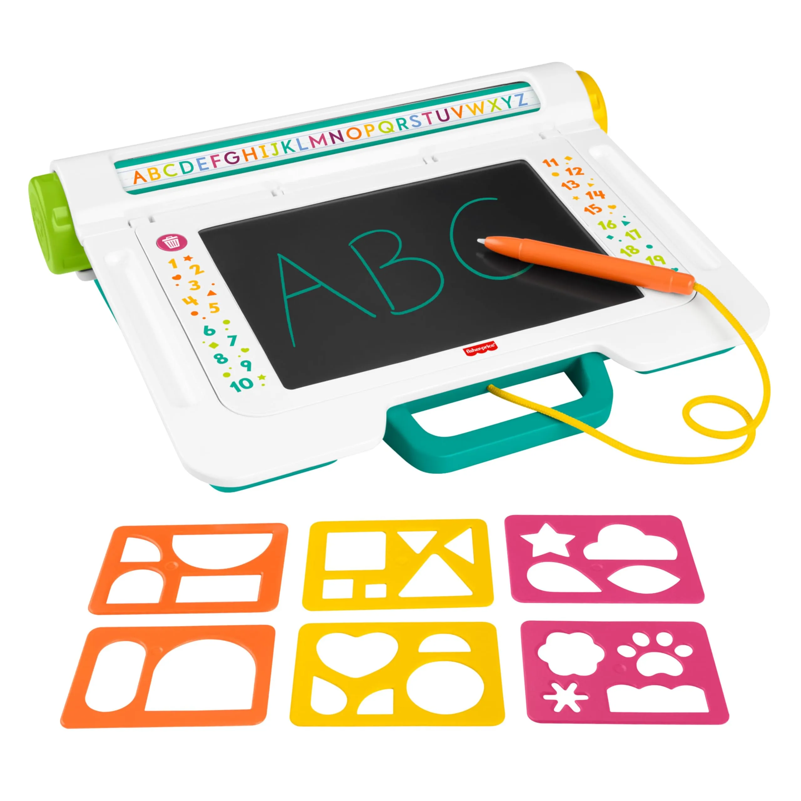 Fisher-Price Postazione Impara e Scarabocchia, tablet per scrivere e disegnare con schermo LCD e 6 stencil incluso, attività per l'apprendimento, giocattolo per bambini, 3+ anni, JDL70