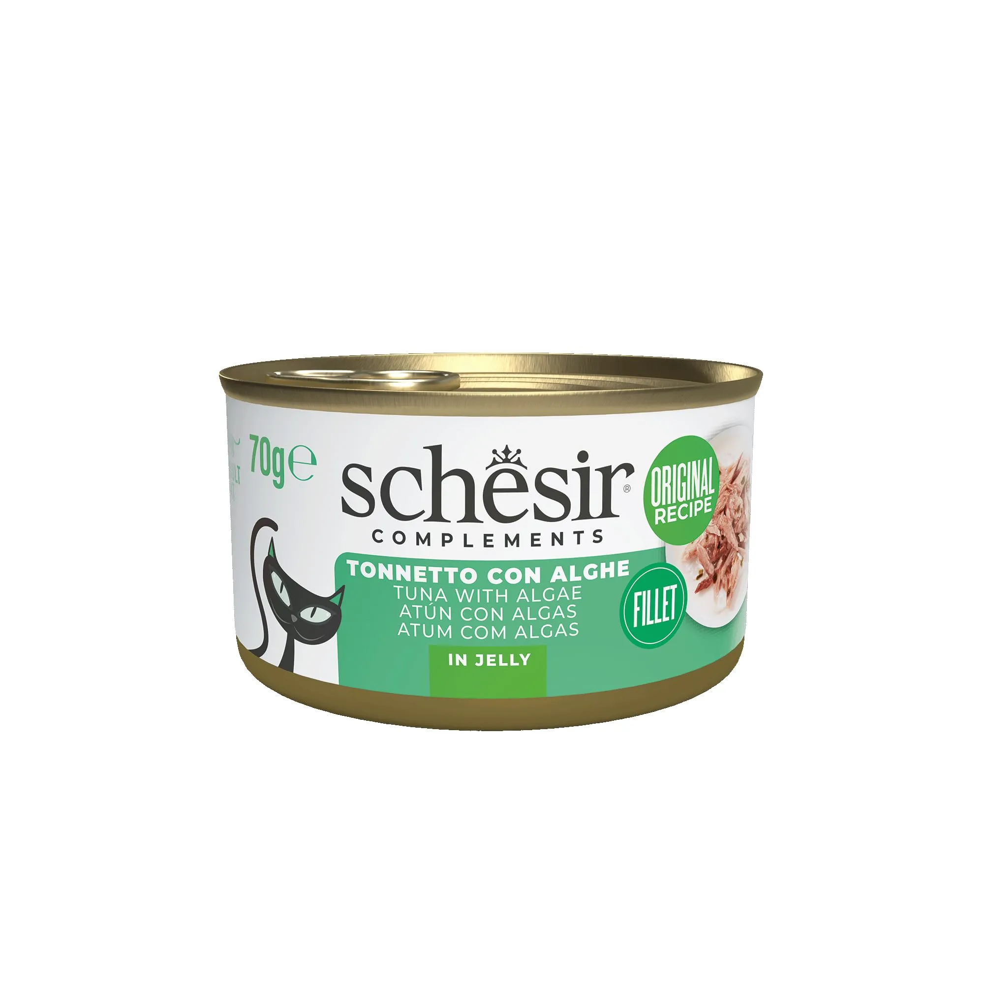 Schesir, Filetti di Tonno con Alghe in Gelatina, Cibo Umido Complementare per Gatti, Ricetta Originale, 100% Naturale, 12 lattine da 70g