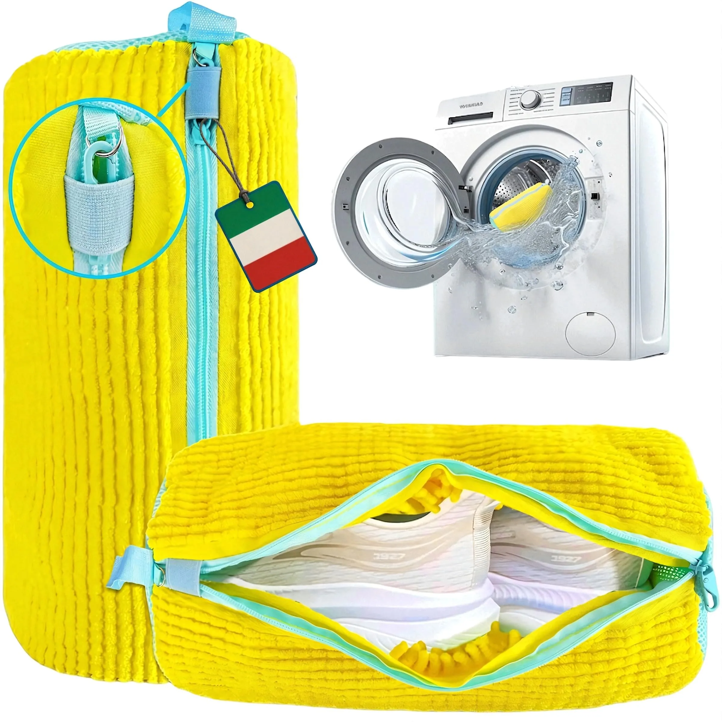 Shoozie 2 Sacchetti per Lavare Scarpe in Lavatrice Universali in Resistente Microfibra Imbottita per Pulizia a 360° – Sacchetto Scarpe Lavatrice con Cerniera Rinforzata e Cuciture Resistenti (Giallo)