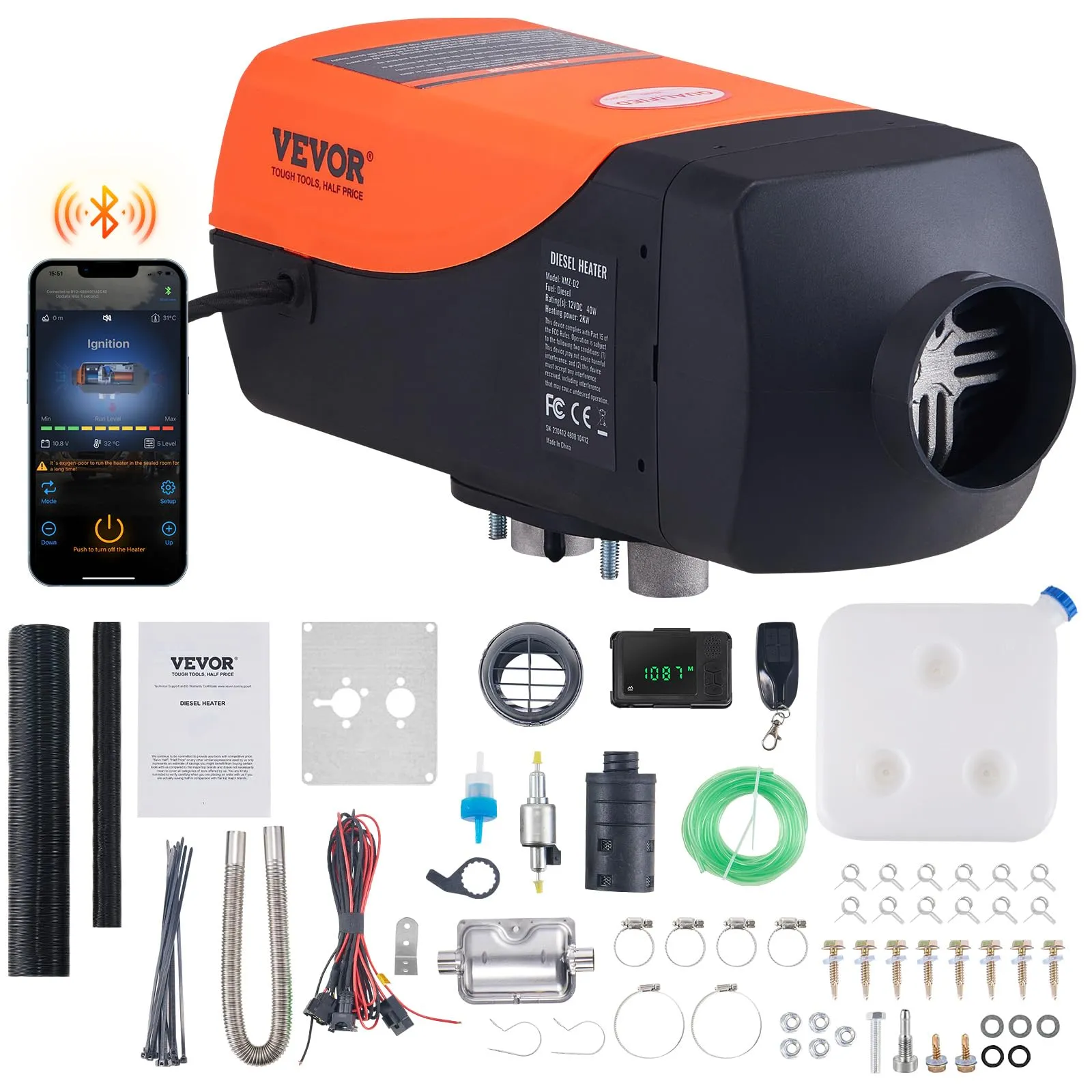 VEVOR Riscaldatore d'Aria Diesel per Auto Camper Camion RV 12V 2KW Temperatura Regolabile 8℃-36℃ Controllo Bluetooth, Riscaldatore da Parcheggio per Auto Consumo di Carburante 0,12-0,26L/h BTU 10-15m²