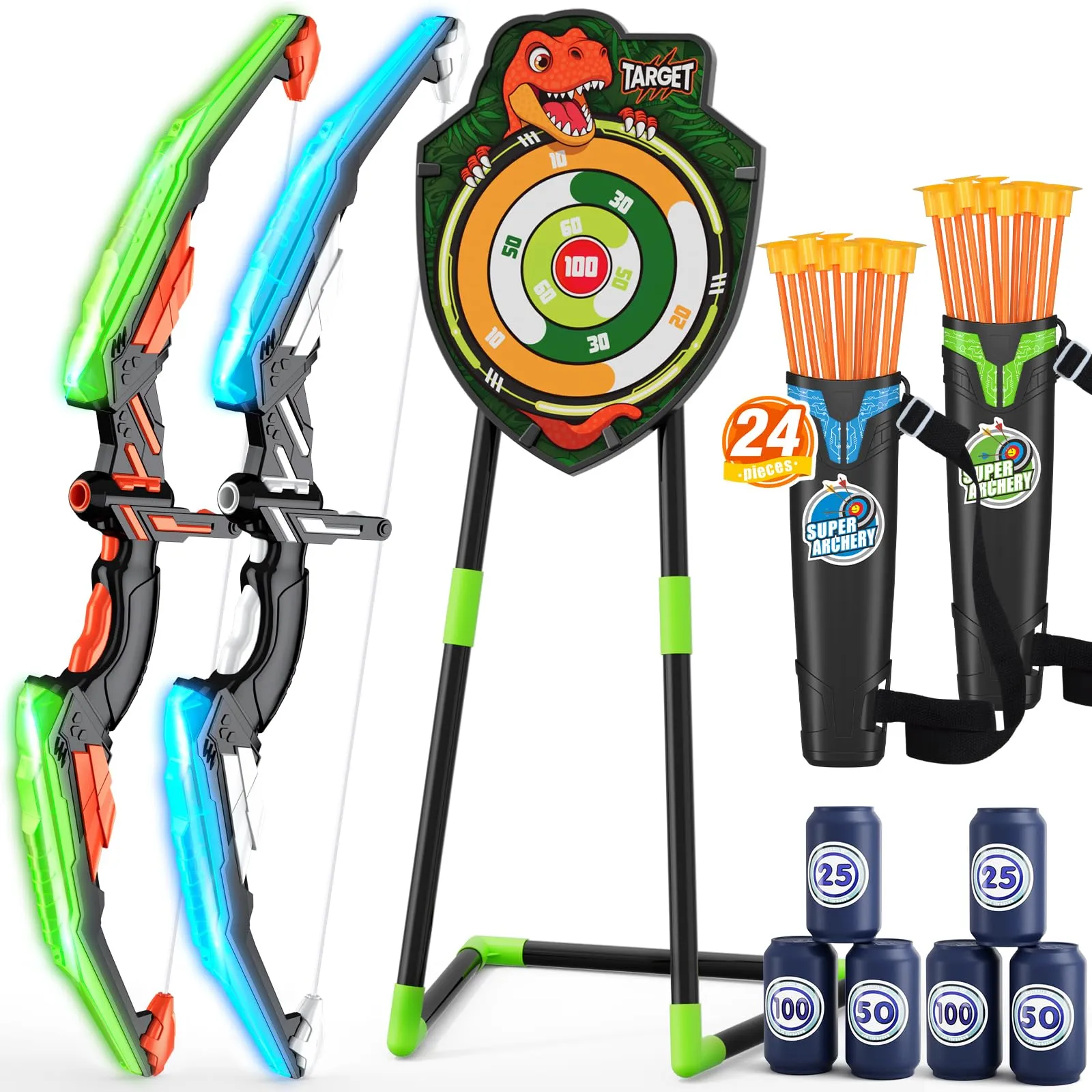 HYES 2 Pack Arco e Frecce per Cambini con Luci LED, Set di Tiro Giocattoli con Frecce e 2 Arco, 24 Ventosa Frecce, 2 Bersaglio, 2 Supporto Freccia, Regalo per Interni ed Esterni