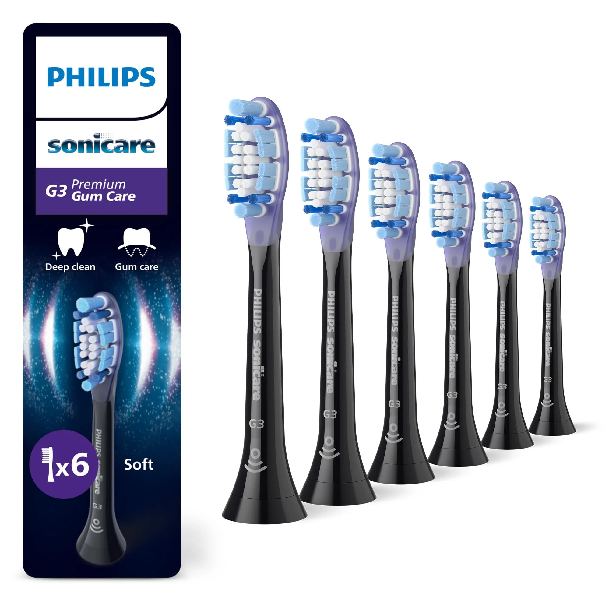 PHILIPS Sonicare G3 Premium Gum Care, testine di ricambio originali, nero, confezione da 6, HX9056/88, Nuovo, 6 Testine
